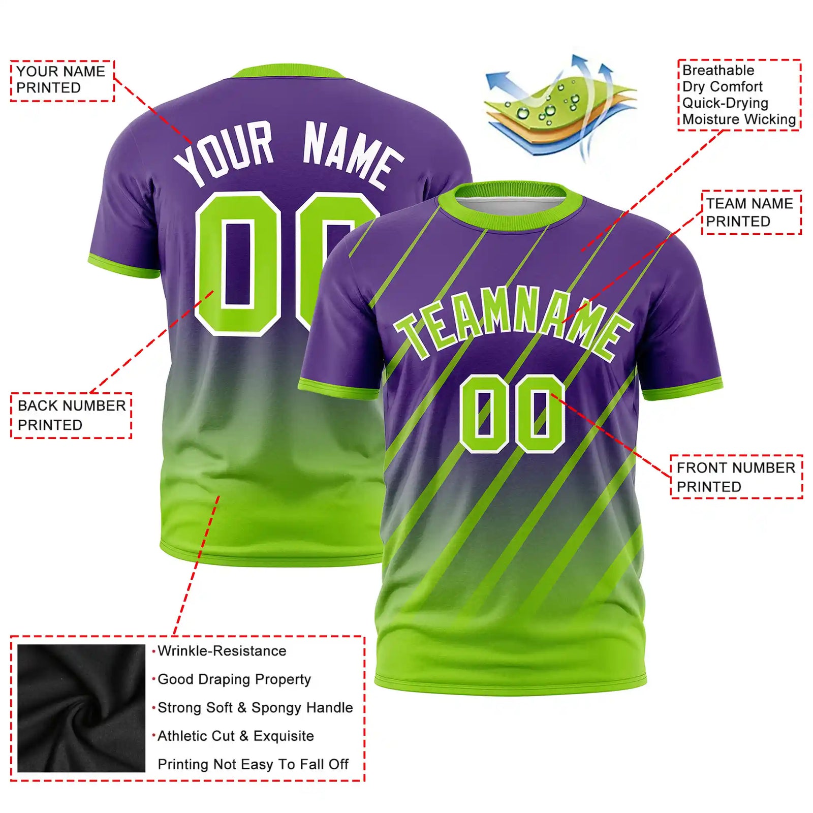 Custom Purple-Neon Green Gradient Fashion Diagonal Stripe Performance T-Shirt
