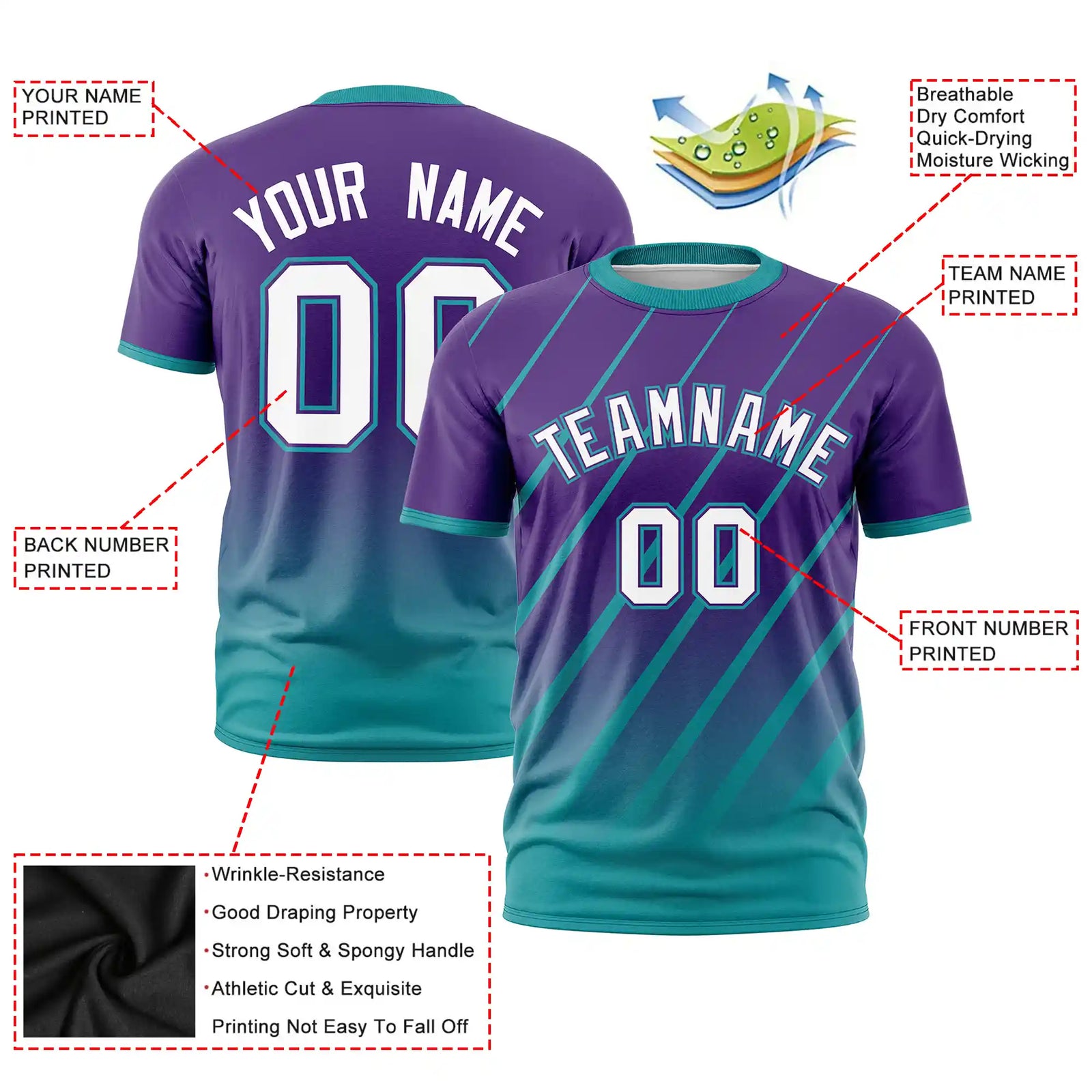 Custom Purple-Aqua Gradient Fashion Diagonal Stripe Performance T-Shirt