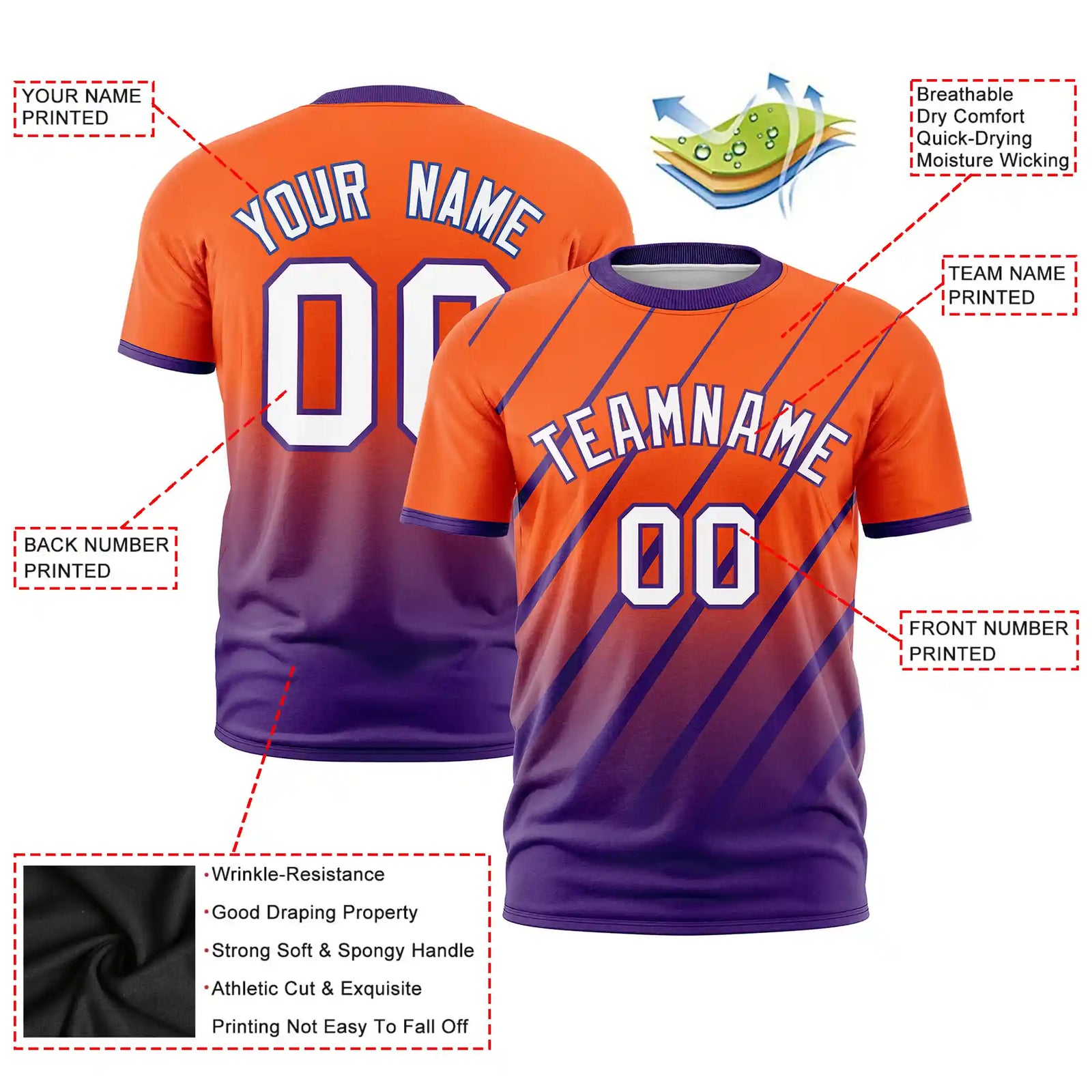 Custom Orange-Purple Gradient Fashion Diagonal Stripe Performance T-Shirt