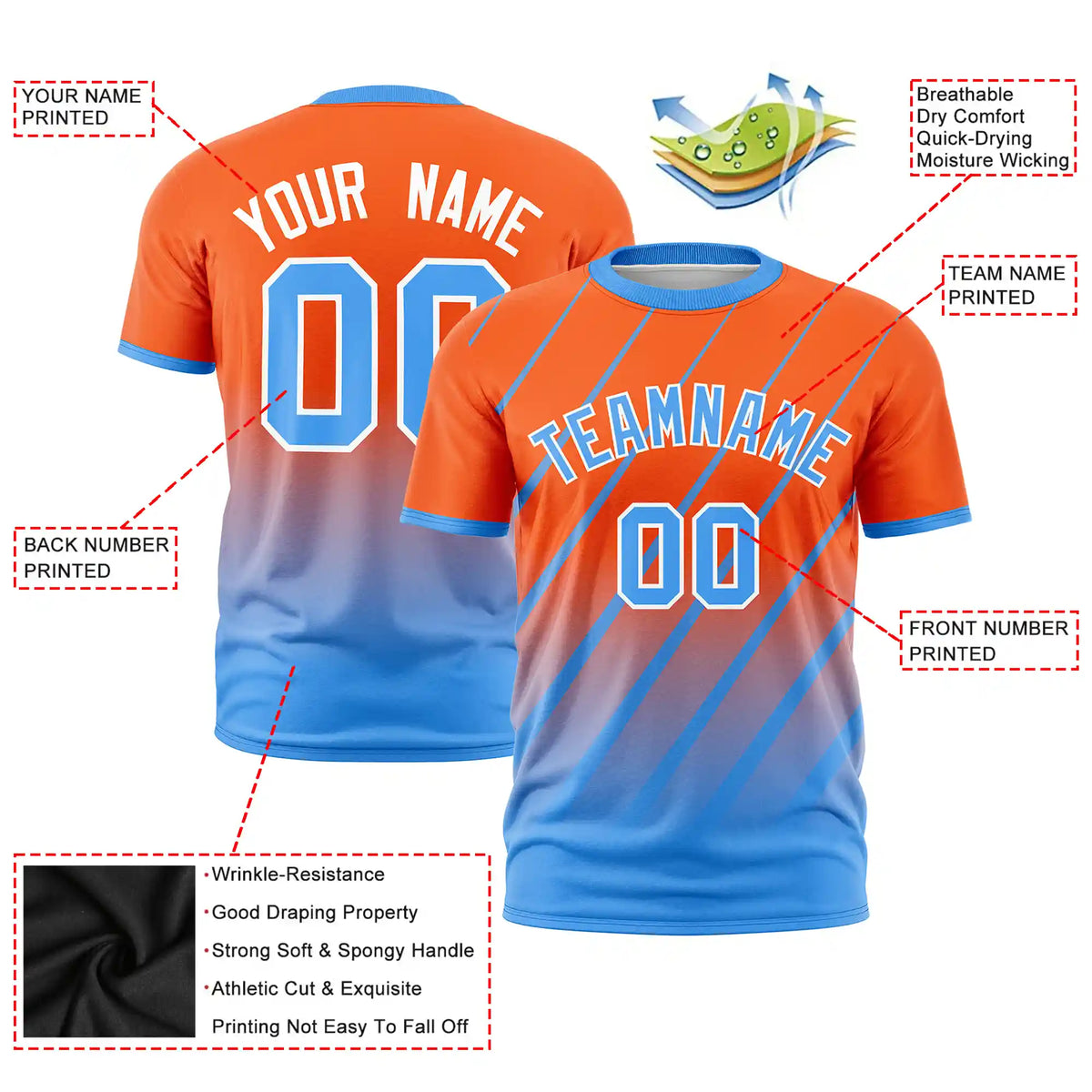 Custom Orange-Powder Blue Gradient Fashion Diagonal Stripe Performance T-Shirt