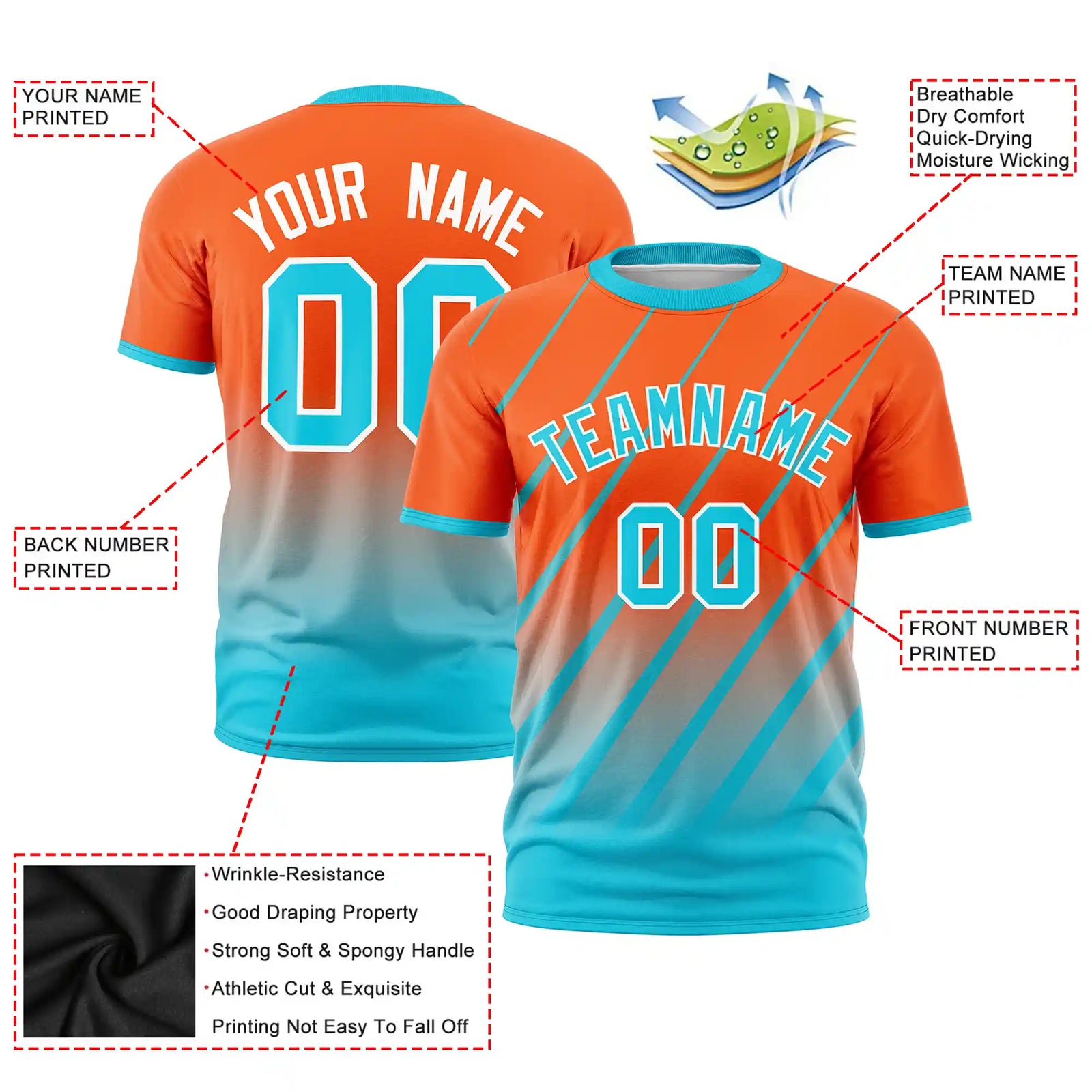 Custom Orange-Sky Blue Gradient Fashion Diagonal Stripe Performance T-Shirt