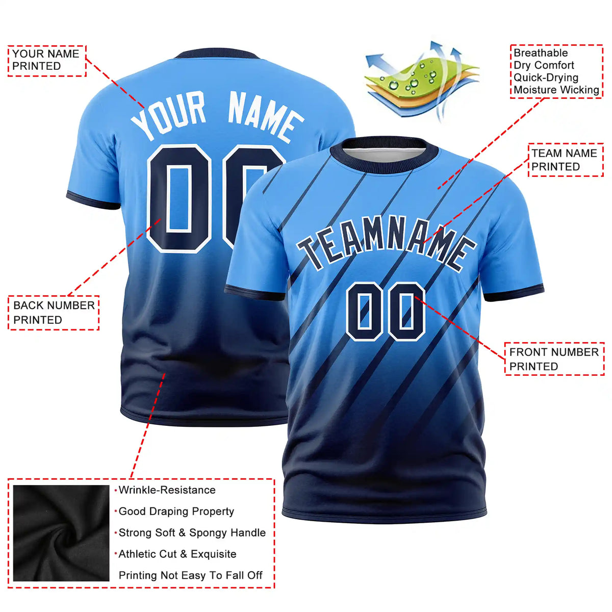 Custom Powder Blue-Navy Gradient Fashion Diagonal Stripe Performance T-Shirt