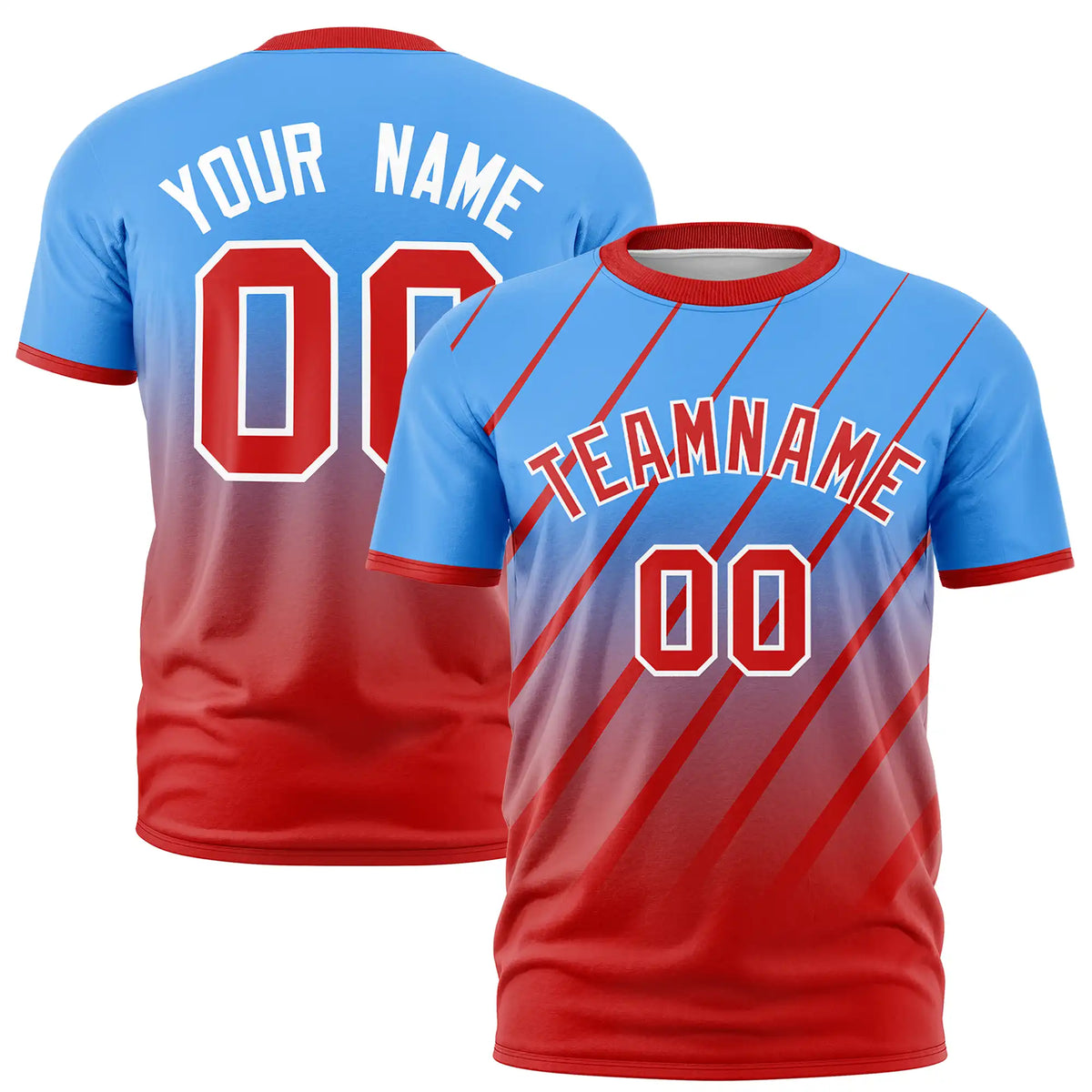 Custom Powder Blue-Red Gradient Fashion Diagonal Stripe Performance T-Shirt
