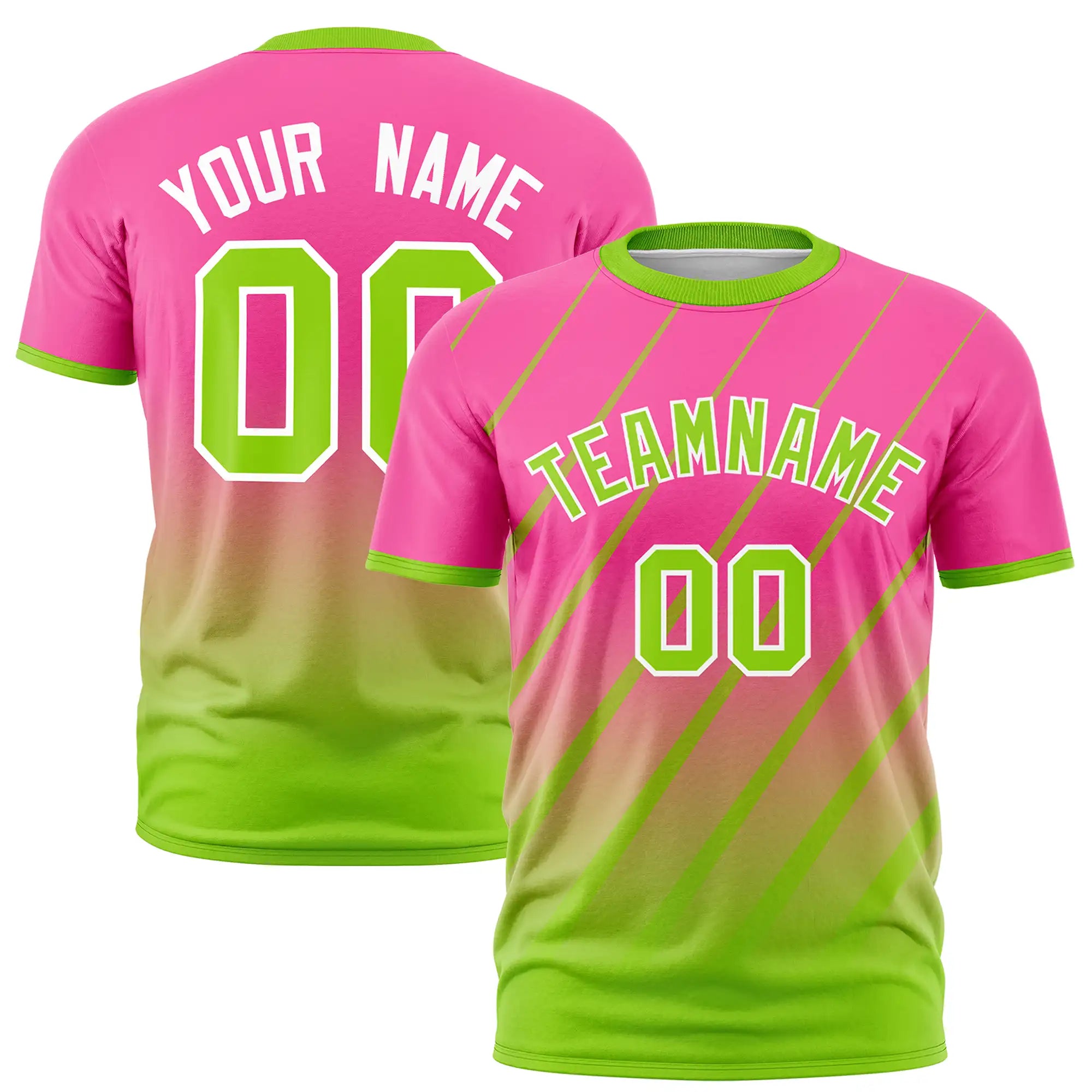 Custom Pink-Neon Green Gradient Fashion Diagonal Stripe Performance T-Shirt