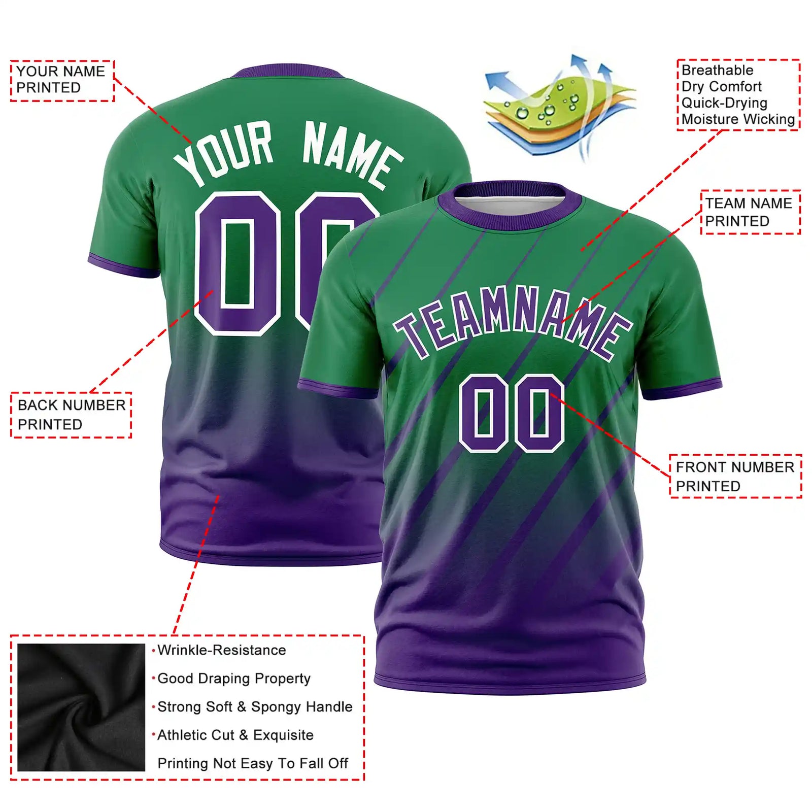 Custom Kelly Green-Purple Gradient Fashion Diagonal Stripe Performance T-Shirt
