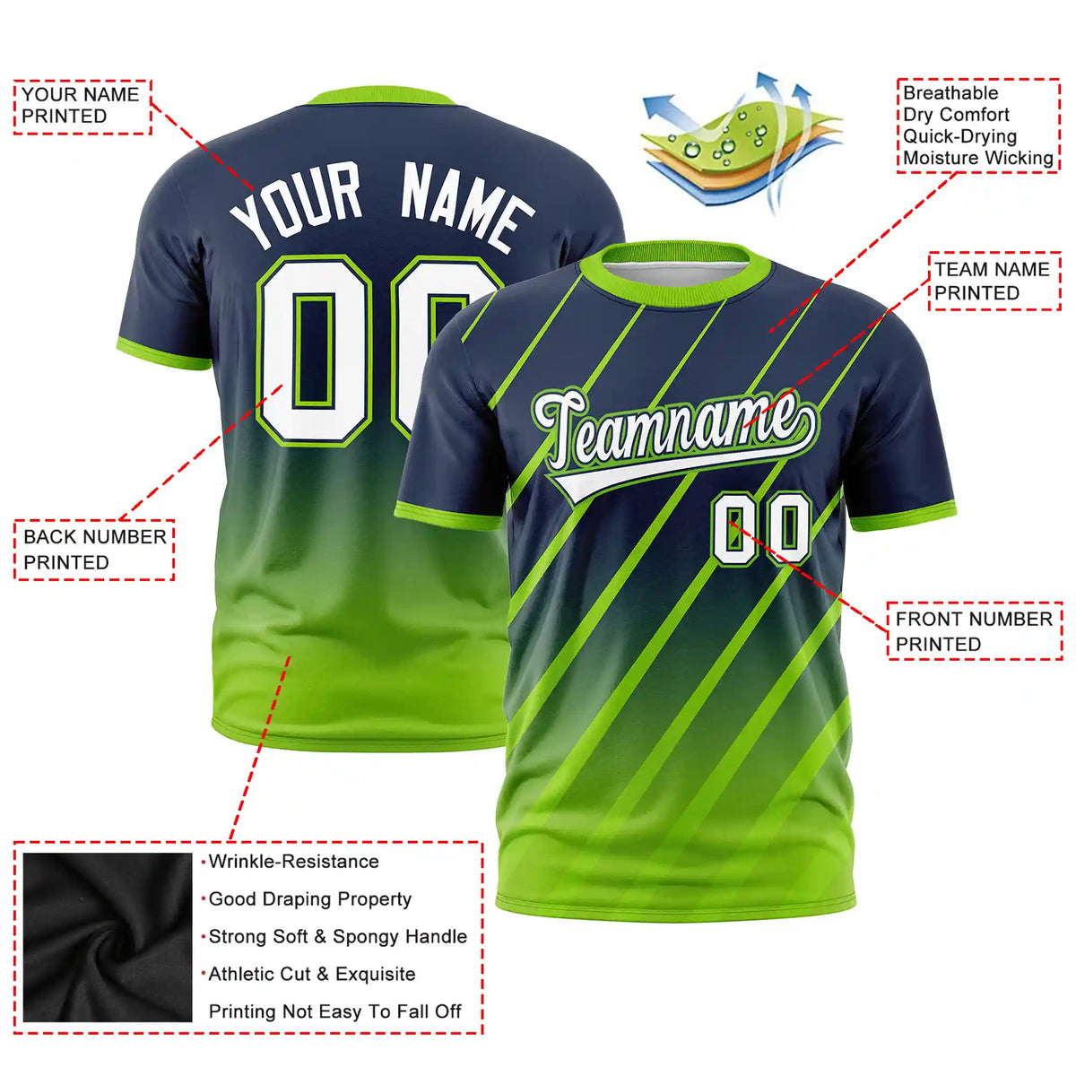 Custom Navy-Neon Green Gradient Fashion Diagonal Stripe Performance T-Shirt