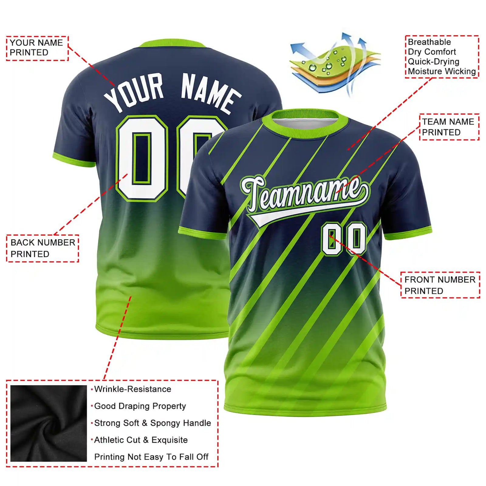 Custom Navy-Neon Green Gradient Fashion Diagonal Stripe Performance T-Shirt