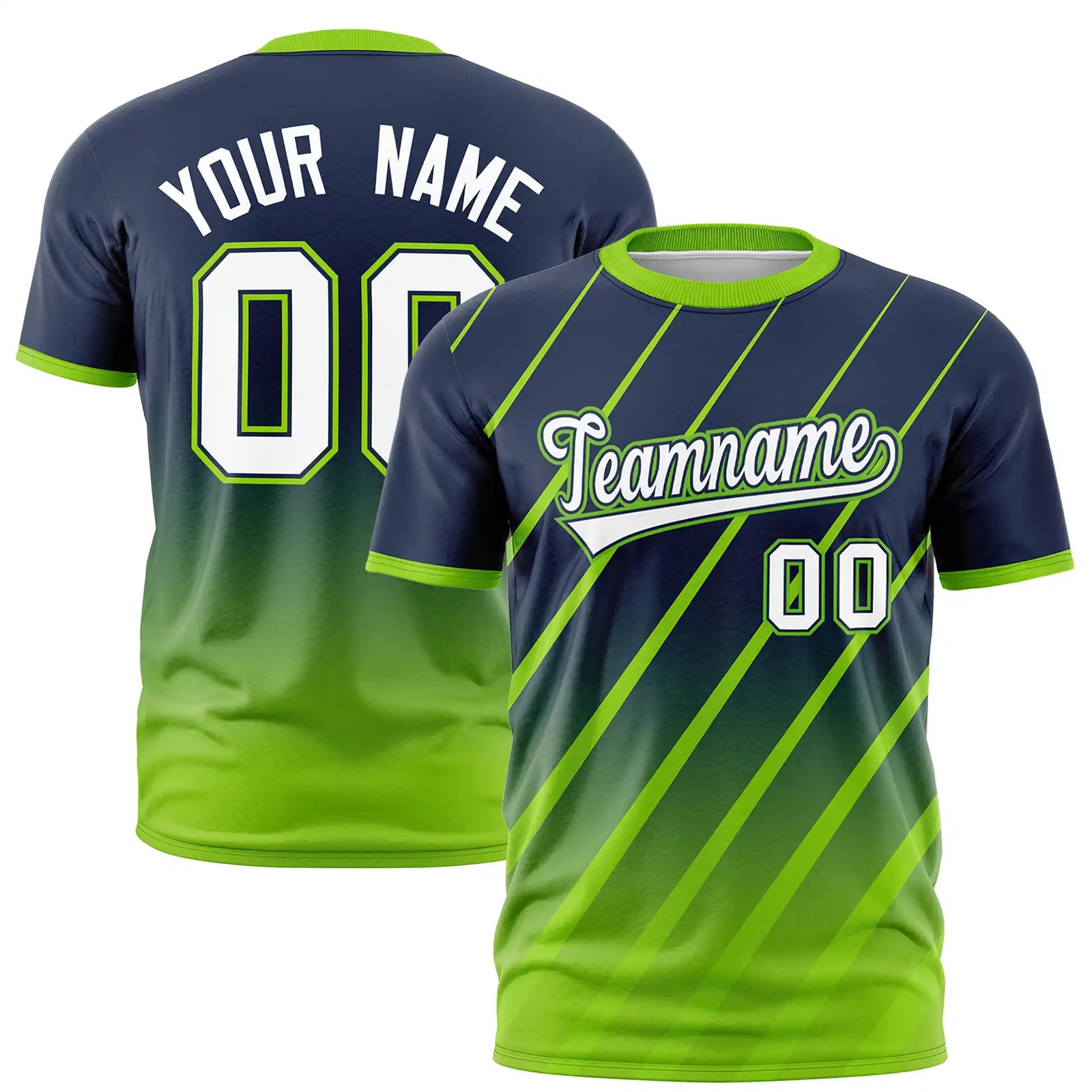 Custom Navy-Neon Green Gradient Fashion Diagonal Stripe Performance T-Shirt