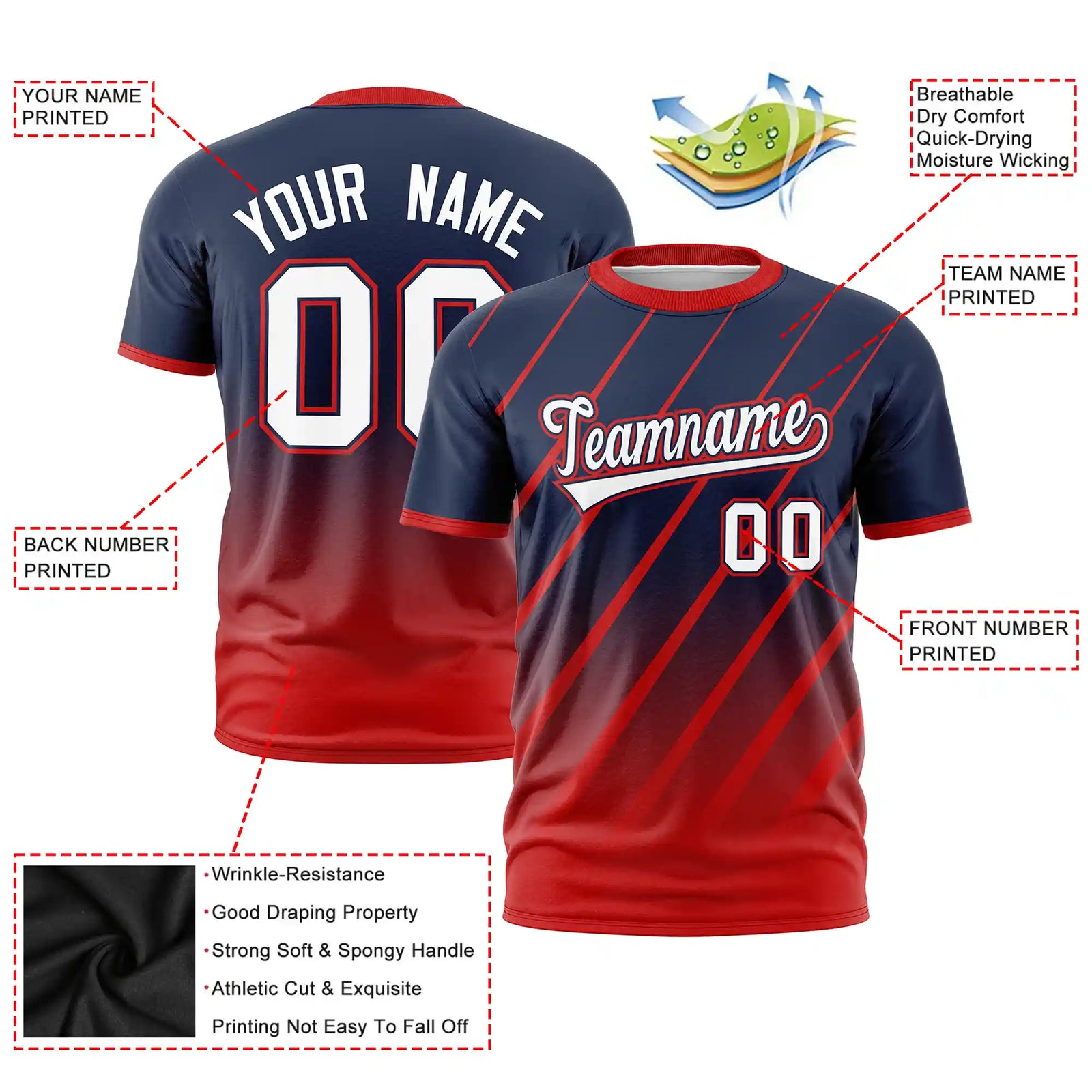 Custom Navy-Red Gradient Fashion Diagonal Stripe Performance T-Shirt