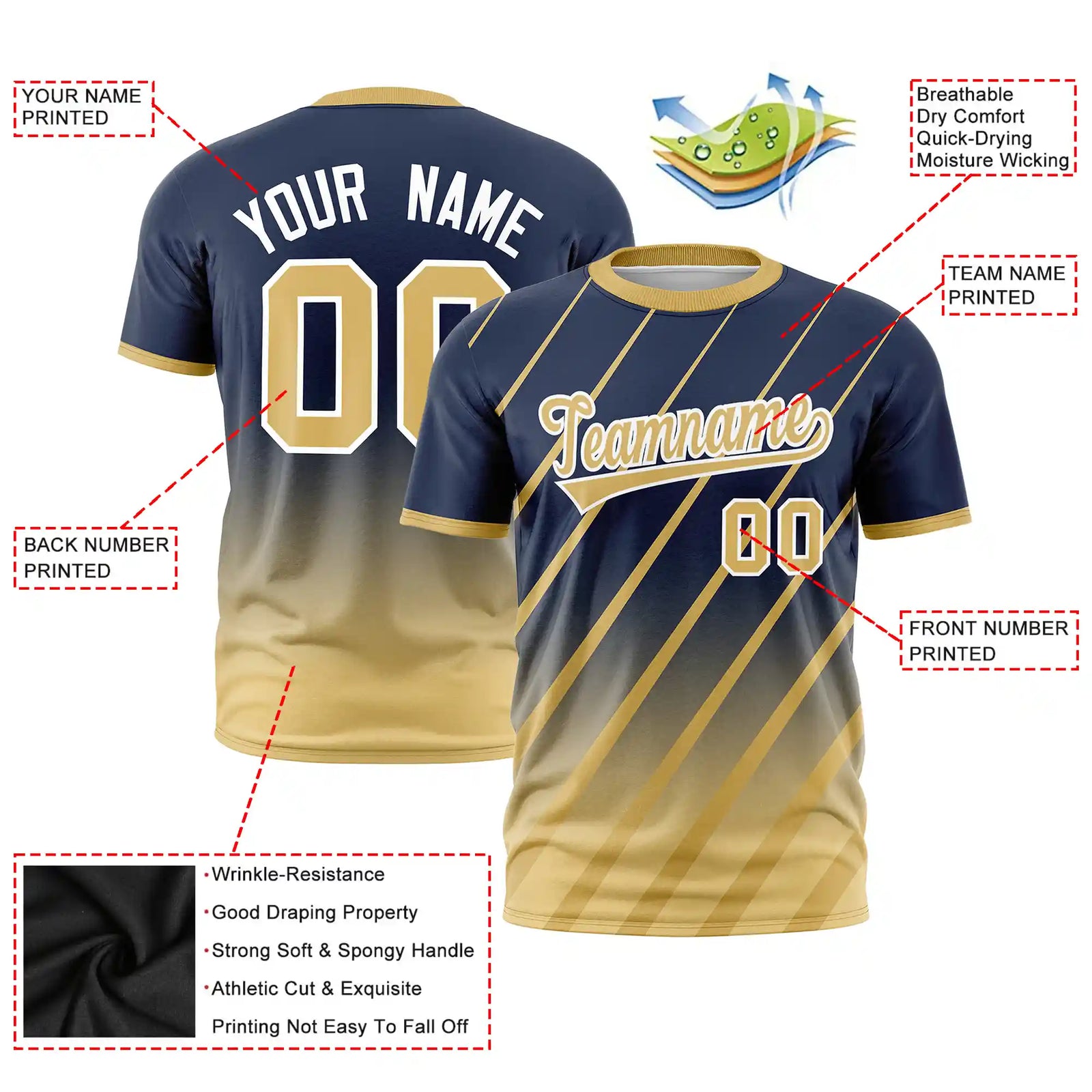 Custom Navy-Old Gold Gradient Fashion Diagonal Stripe Performance T-Shirt