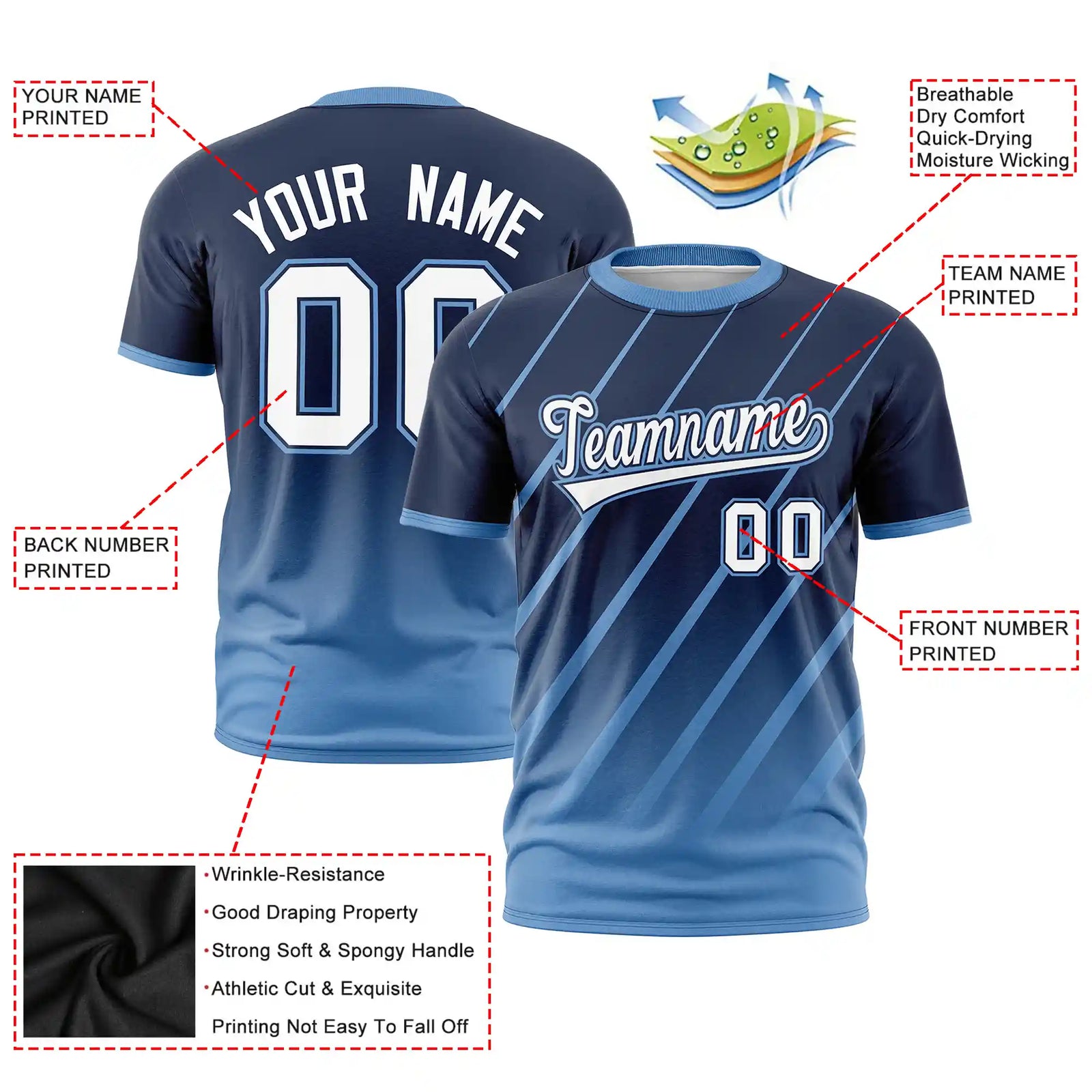Custom Navy-Light Blue Gradient Fashion Diagonal Stripe Performance T-Shirt