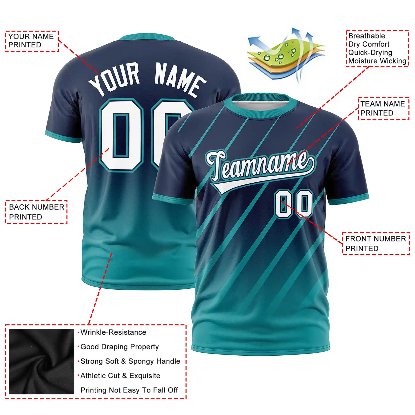 Custom Navy-Aqua Gradient Fashion Diagonal Stripe Performance T-Shirt
