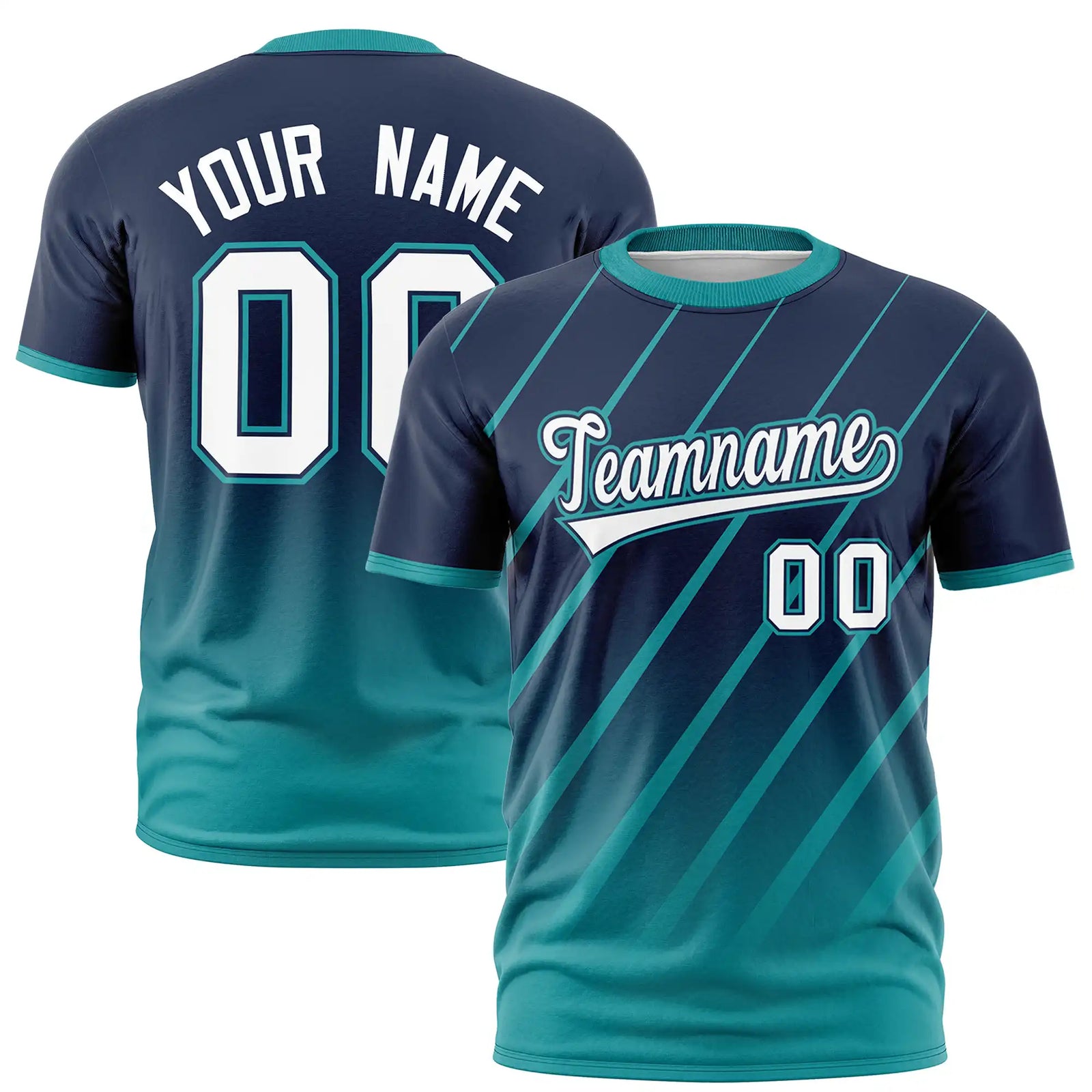 Custom Navy-Aqua Gradient Fashion Diagonal Stripe Performance T-Shirt
