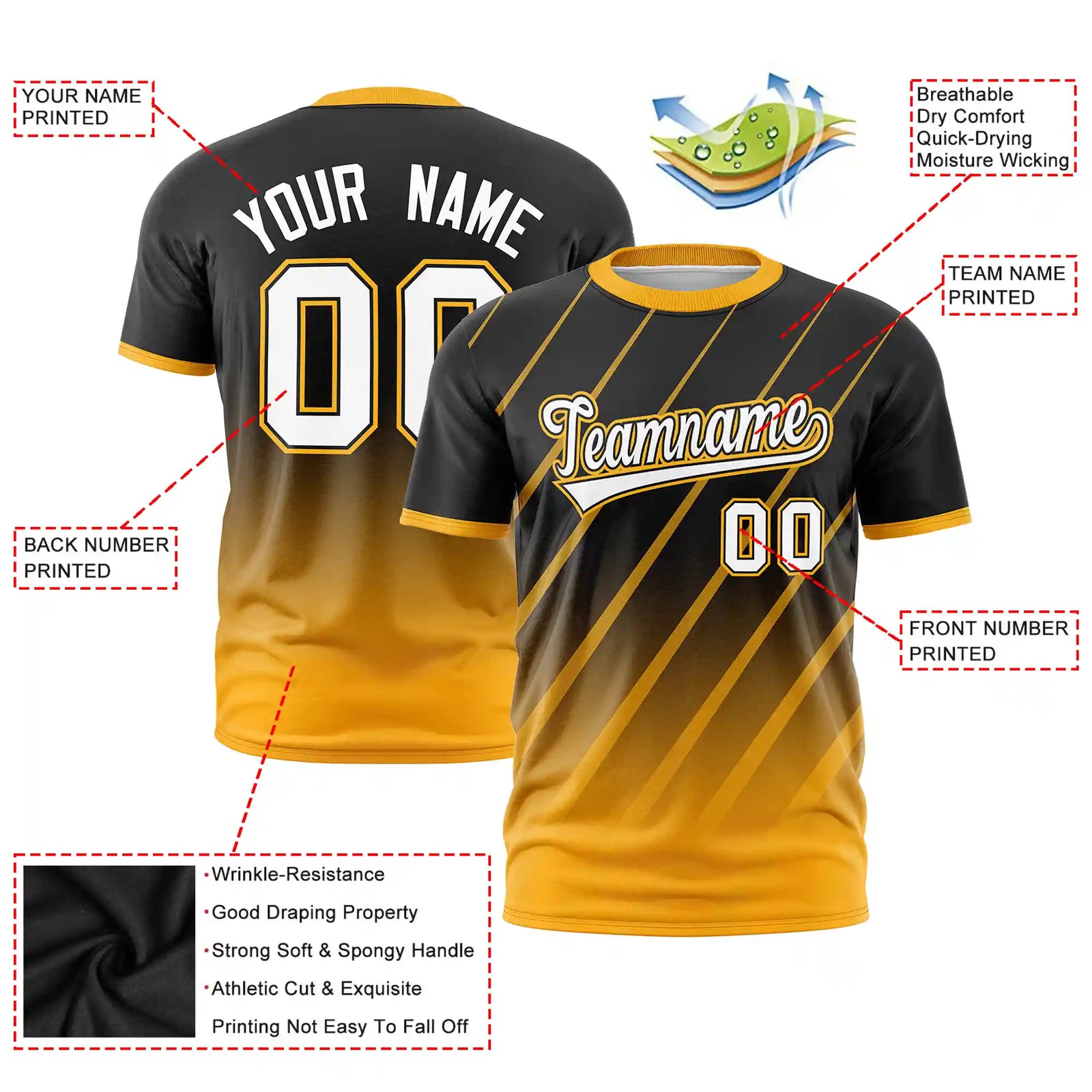 Custom Black-Yellow Gradient Fashion Diagonal Stripe Performance T-Shirt