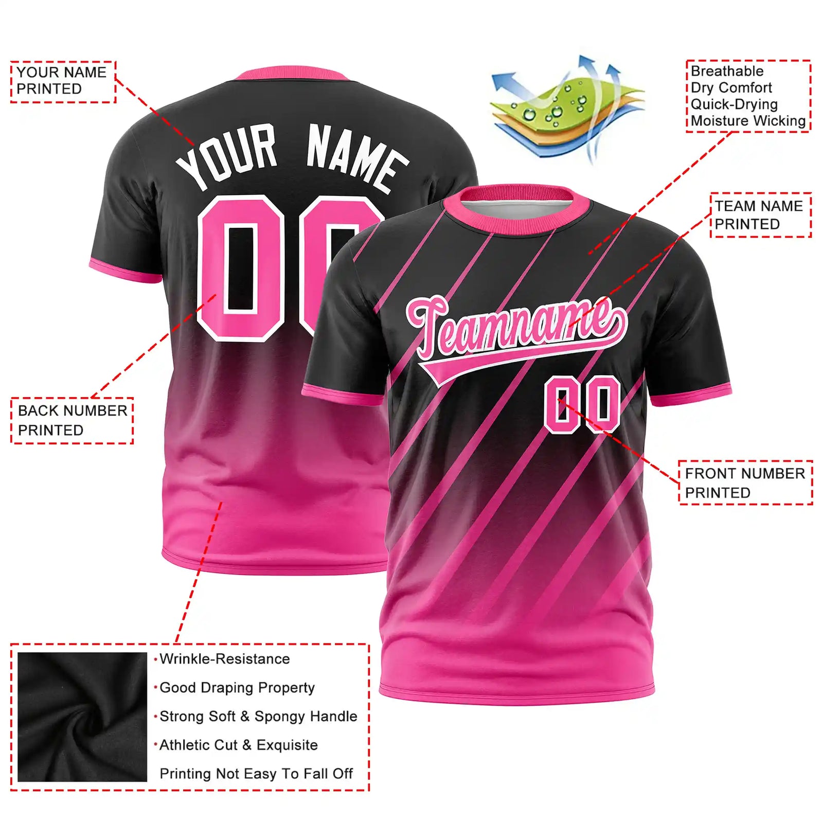 Custom Black-Pink Gradient Fashion Diagonal Stripe Performance T-Shirt