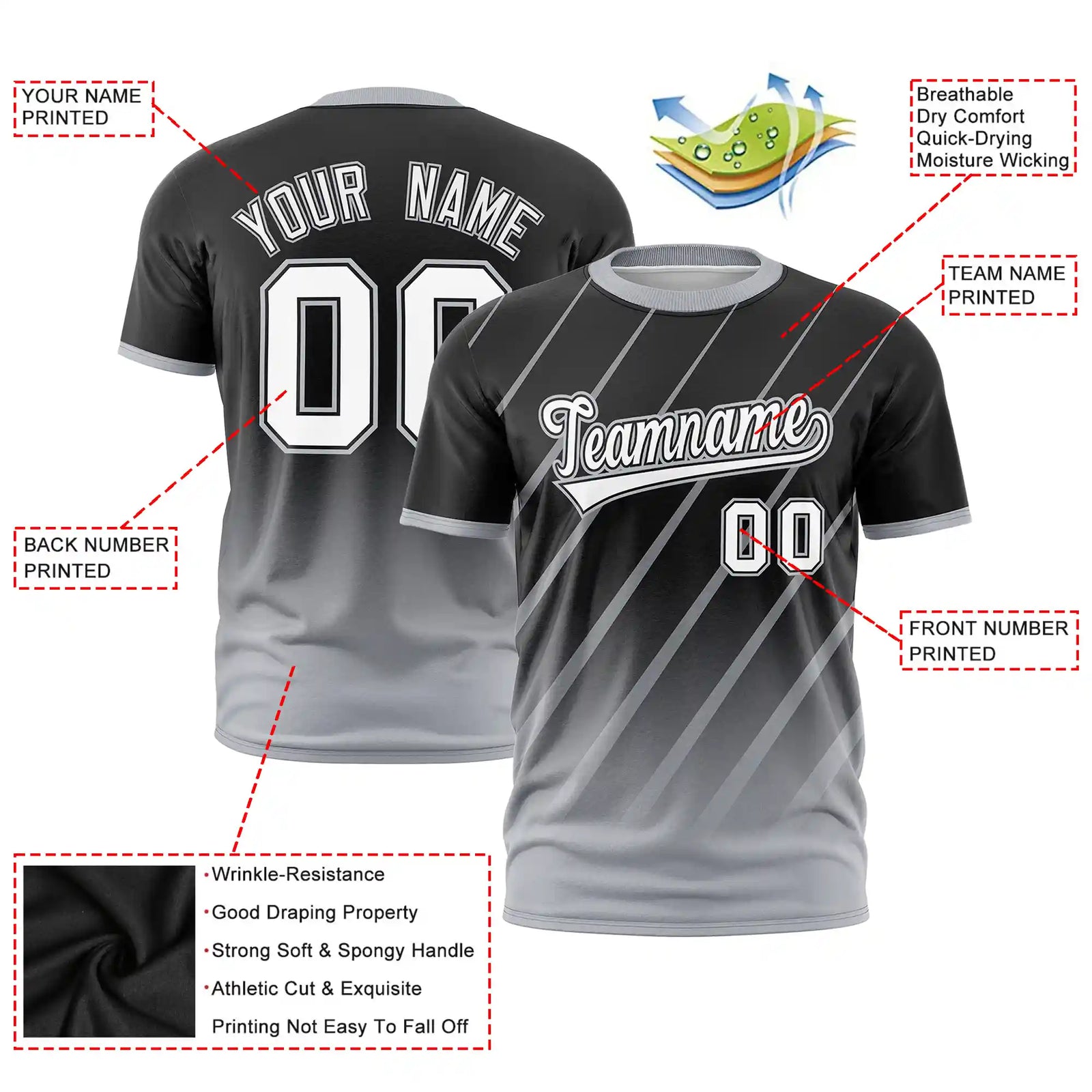 Custom Black-Gray Gradient Fashion Diagonal Stripe Performance T-Shirt