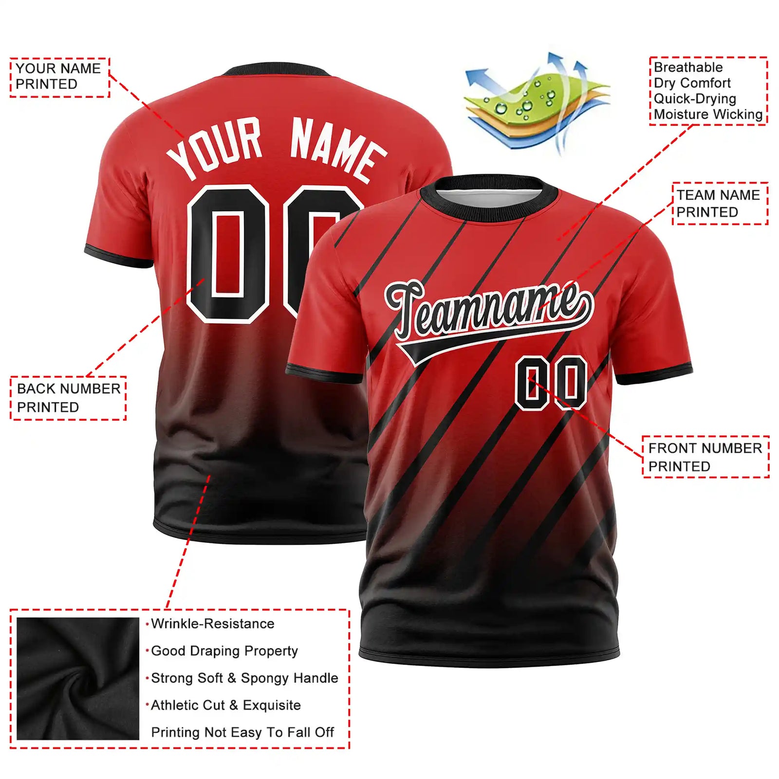 Custom Red-Black Gradient Fashion Diagonal Stripe Performance T-Shirt