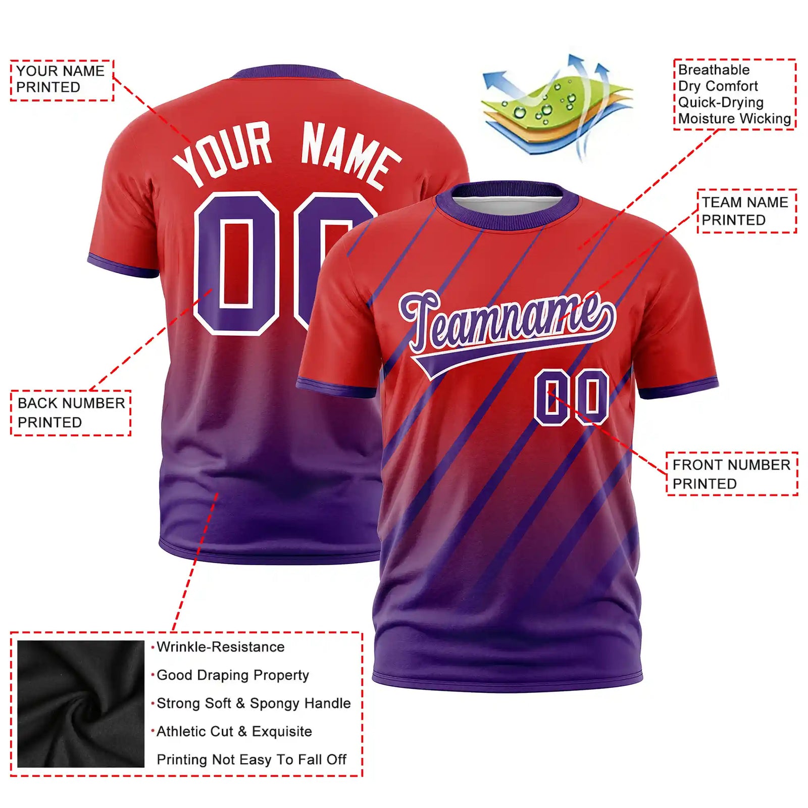 Custom Red-Purple Gradient Fashion Diagonal Stripe Performance T-Shirt