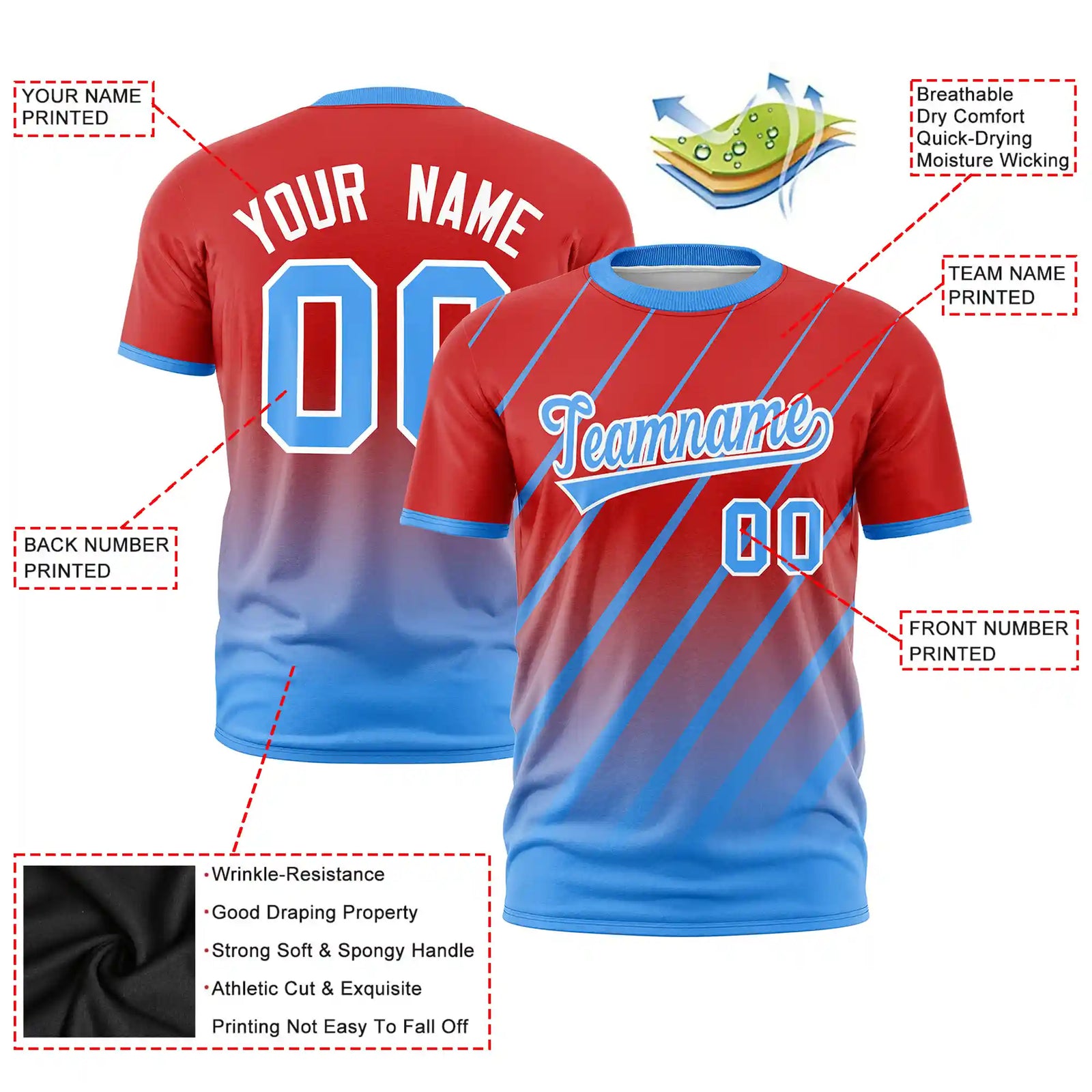 Custom Red-Powder Blue Gradient Fashion Diagonal Stripe Performance T-Shirt