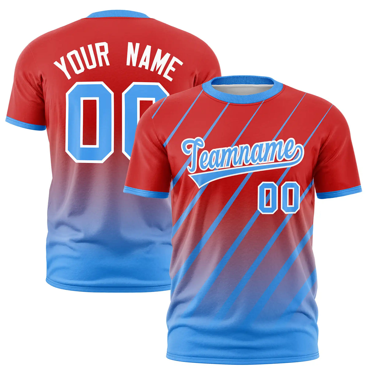 Custom Red-Powder Blue Gradient Fashion Diagonal Stripe Performance T-Shirt