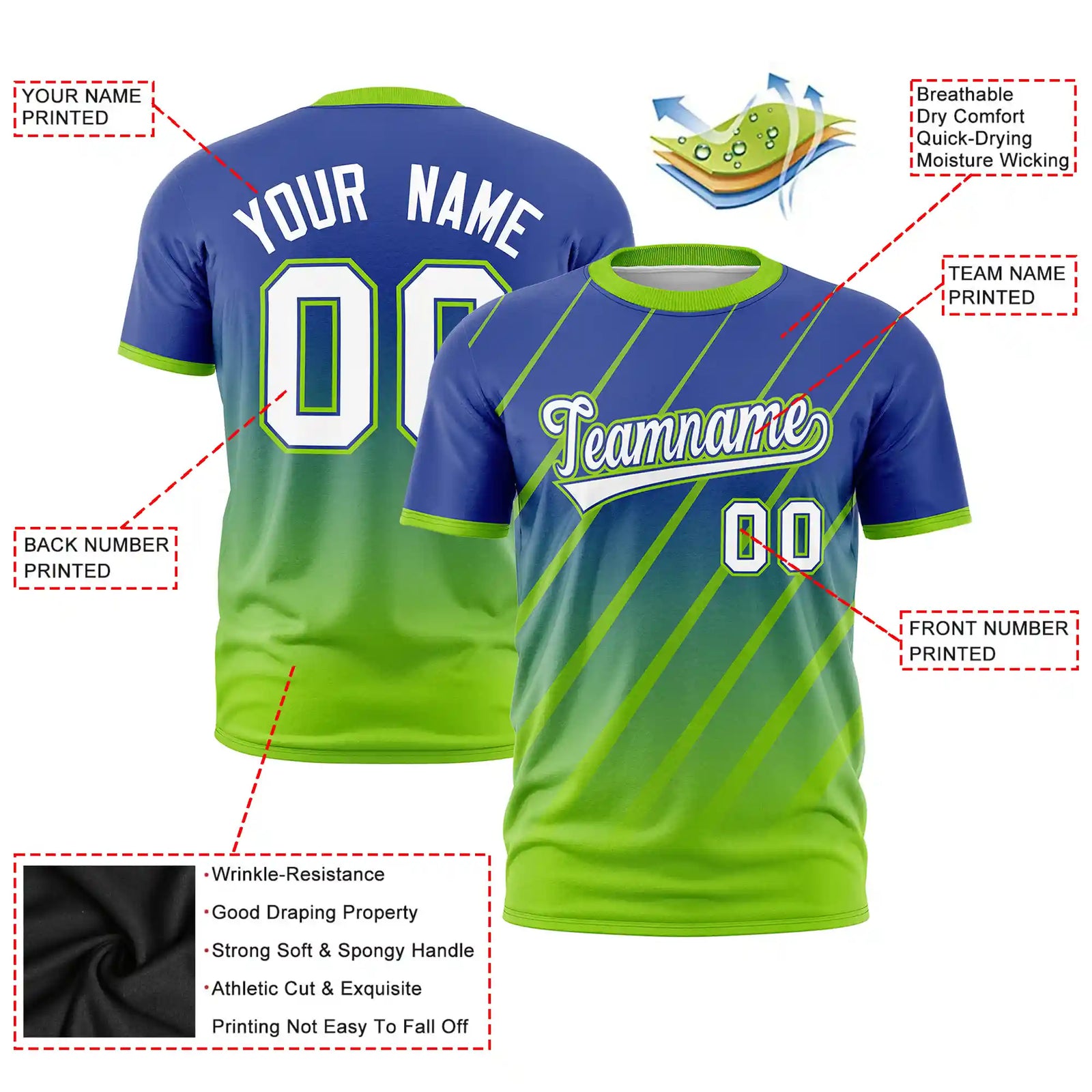 Custom Royal Blue-Neon Green Gradient Fashion Diagonal Stripe Performance T-Shirt