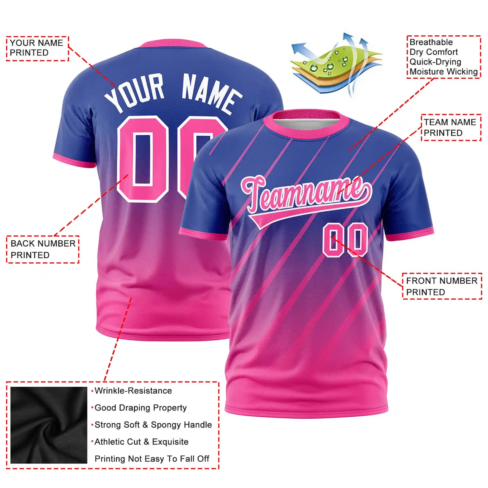 Custom Royal Blue-Pink Gradient Fashion Diagonal Stripe Performance T-Shirt