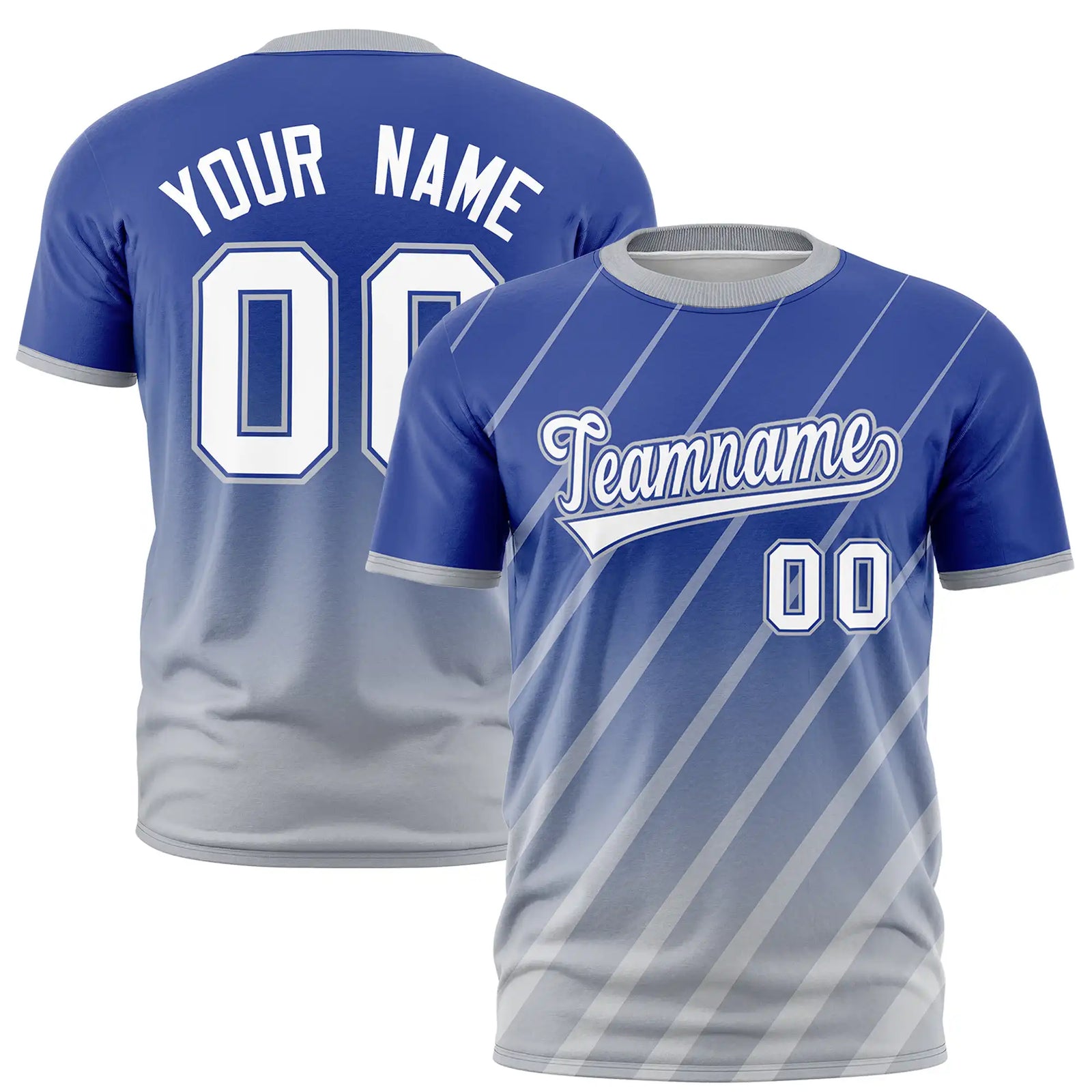Custom Royal Blue-Gray Gradient Fashion Diagonal Stripe Performance T-Shirt