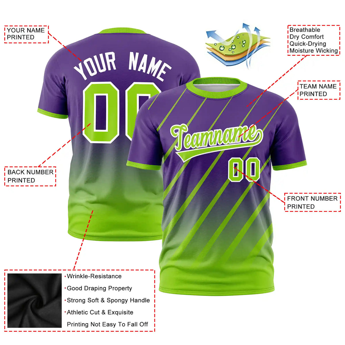 Custom Purple-Neon Green Gradient Fashion Diagonal Stripe Performance T-Shirt