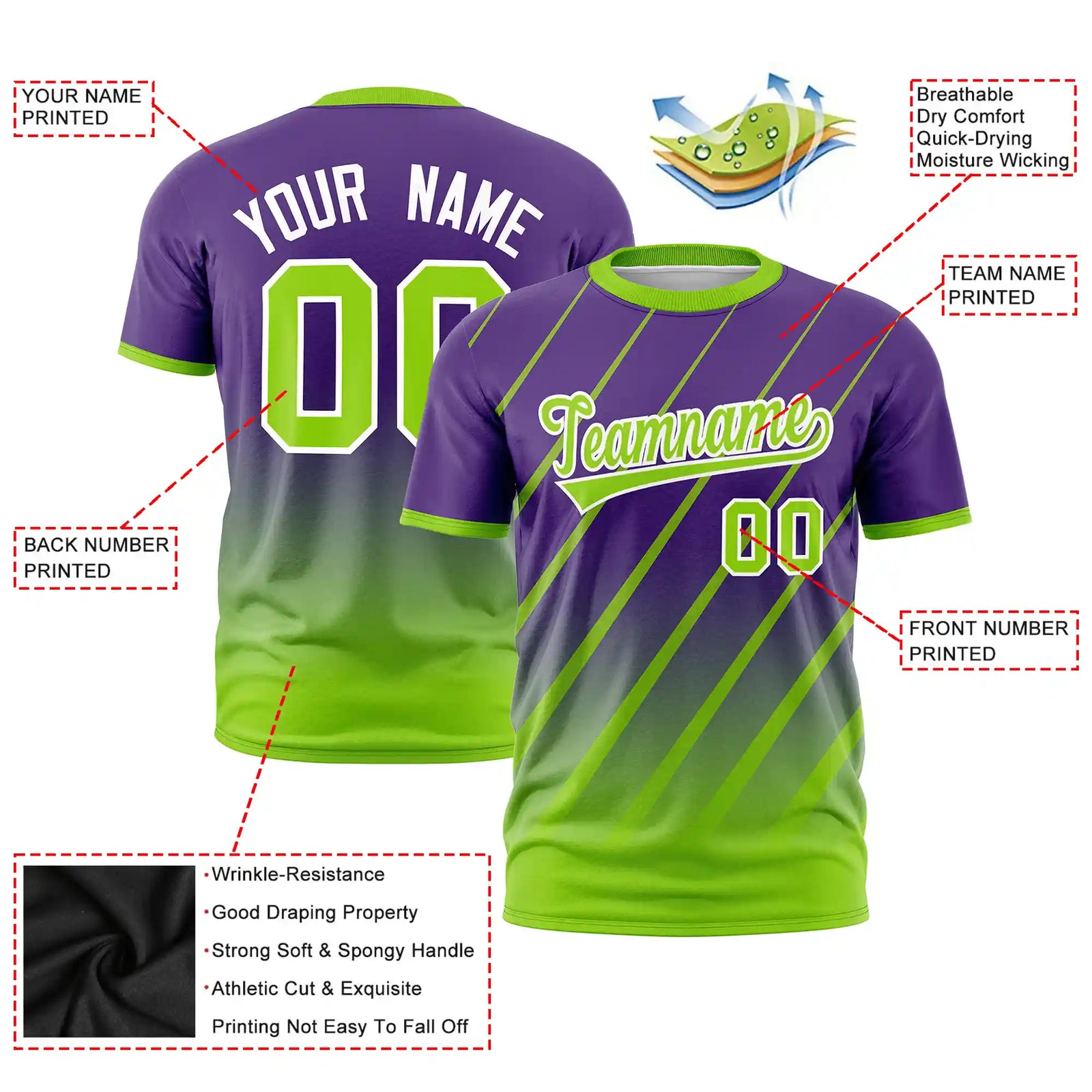 Custom Purple-Neon Green Gradient Fashion Diagonal Stripe Performance T-Shirt