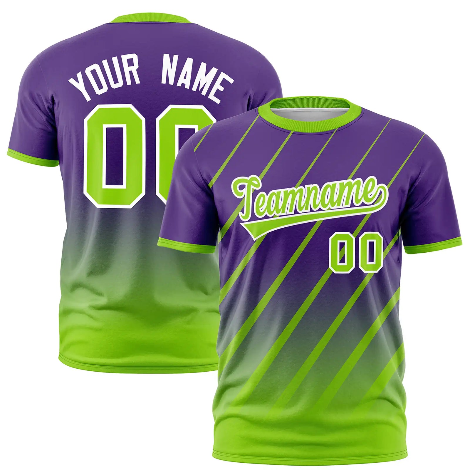 Custom Purple-Neon Green Gradient Fashion Diagonal Stripe Performance T-Shirt