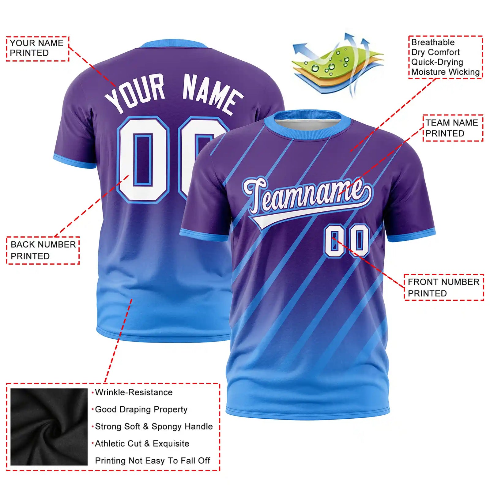 Custom Purple-Powder Blue Gradient Fashion Diagonal Stripe Performance T-Shirt
