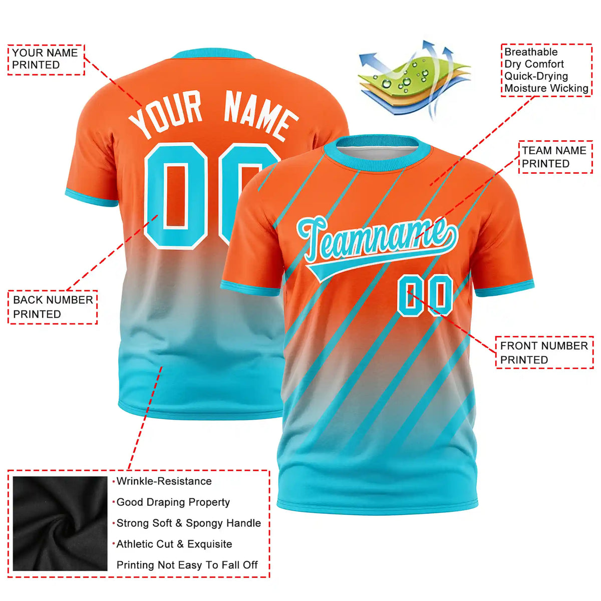 Custom Orange-Sky Blue Gradient Fashion Diagonal Stripe Performance T-Shirt