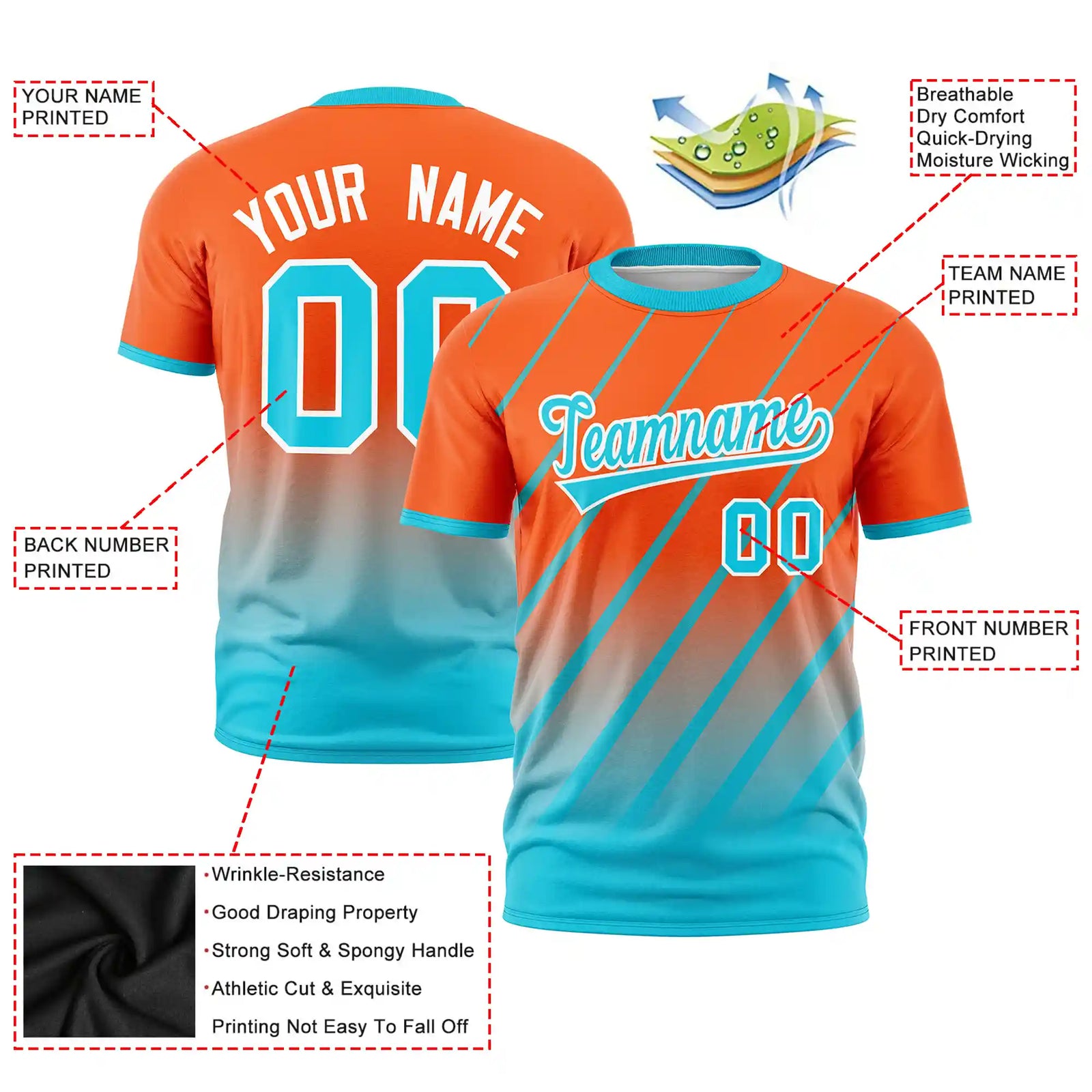 Custom Orange-Sky Blue Gradient Fashion Diagonal Stripe Performance T-Shirt