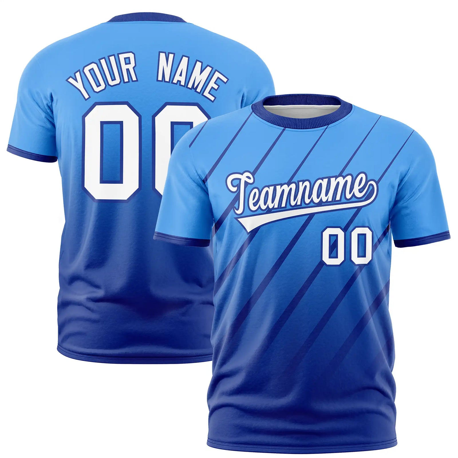 Custom Powder Blue-Royal Blue Gradient Fashion Diagonal Stripe Performance T-Shirt