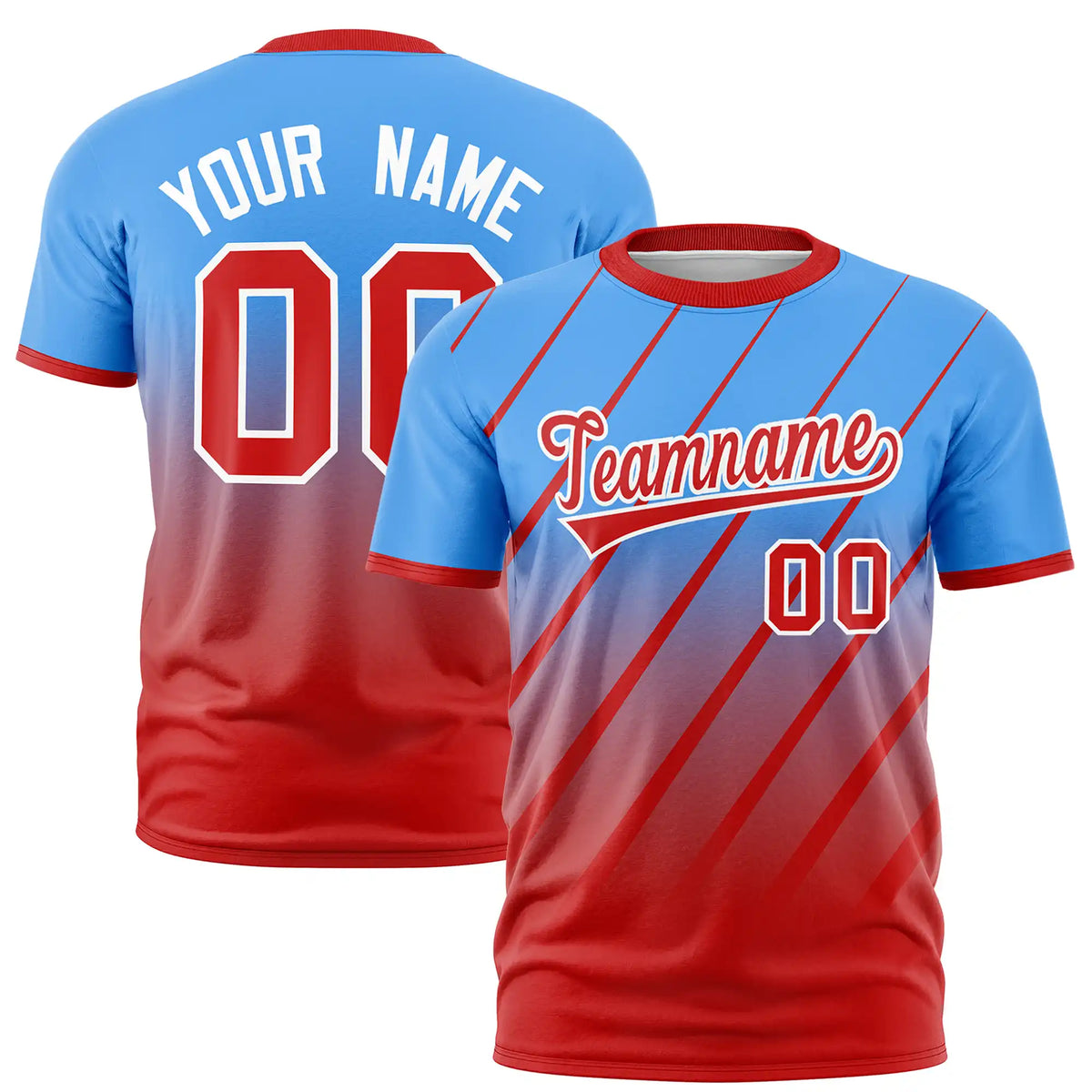 Custom Powder Blue-Red Gradient Fashion Diagonal Stripe Performance T-Shirt