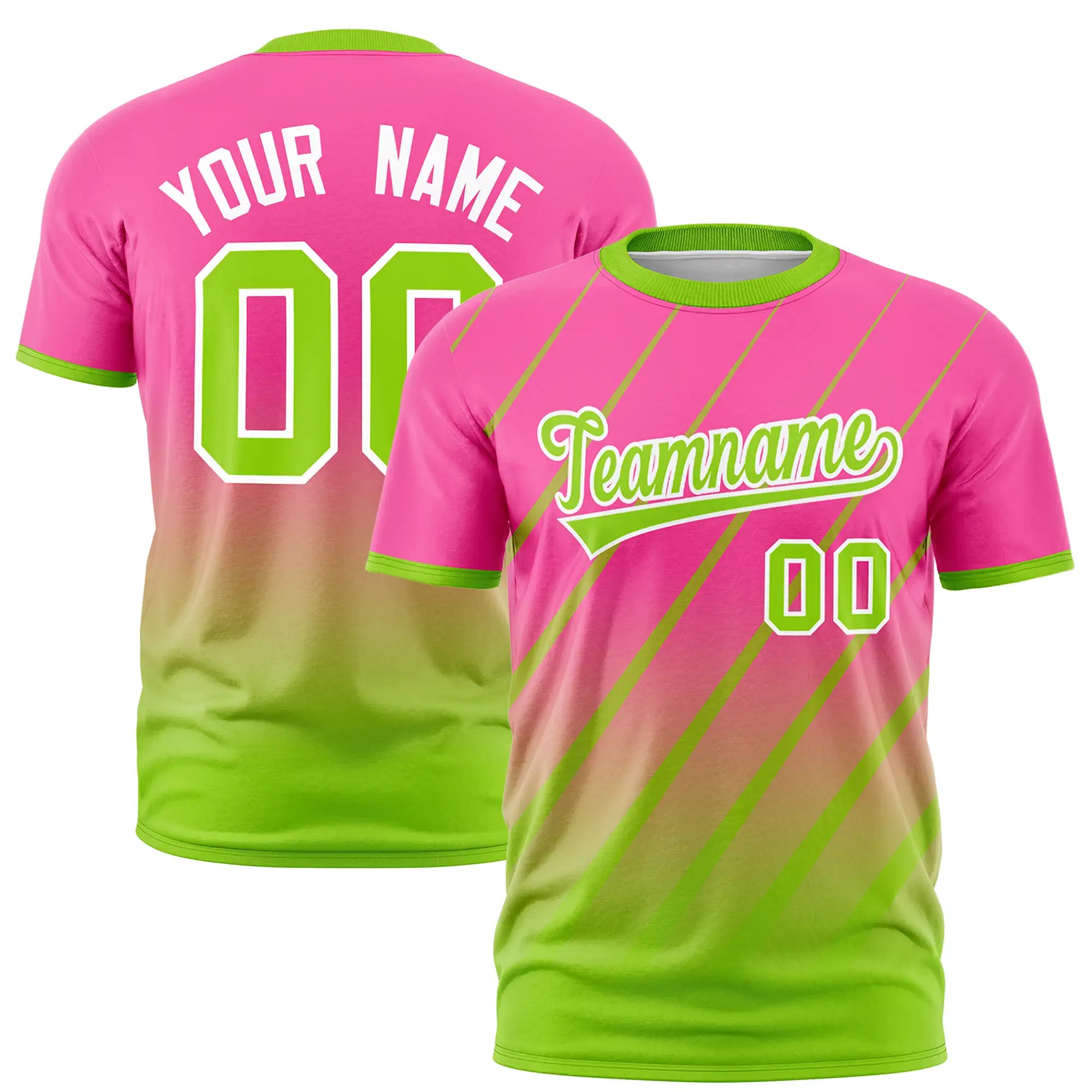 Custom Pink-Neon Green Gradient Fashion Diagonal Stripe Performance T-Shirt