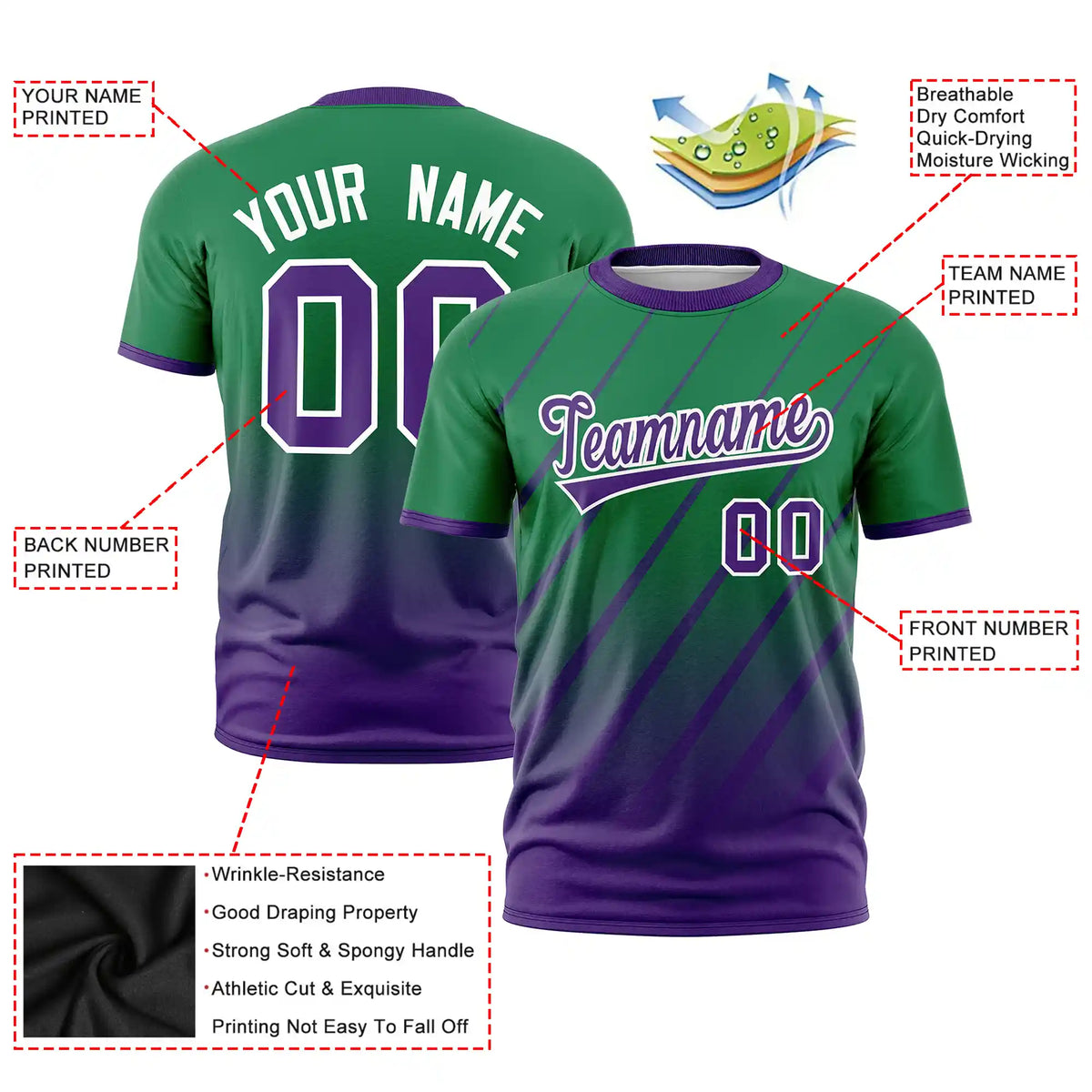 Custom Kelly Green-Purple Gradient Fashion Diagonal Stripe Performance T-Shirt