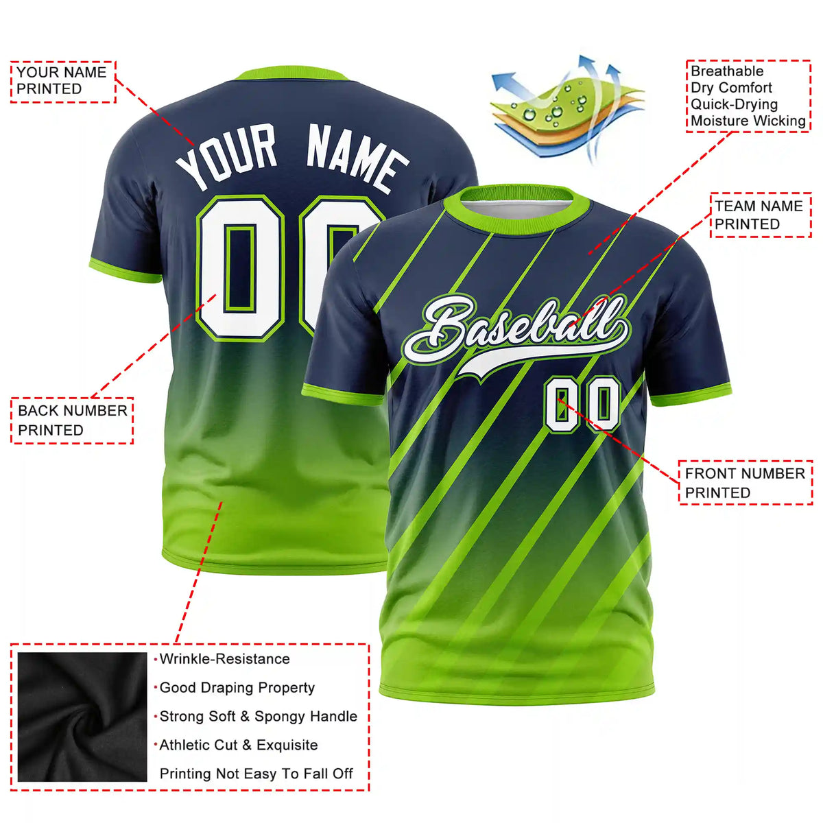 Custom Navy-Neon Green Gradient Fashion Diagonal Stripe Performance T-Shirt