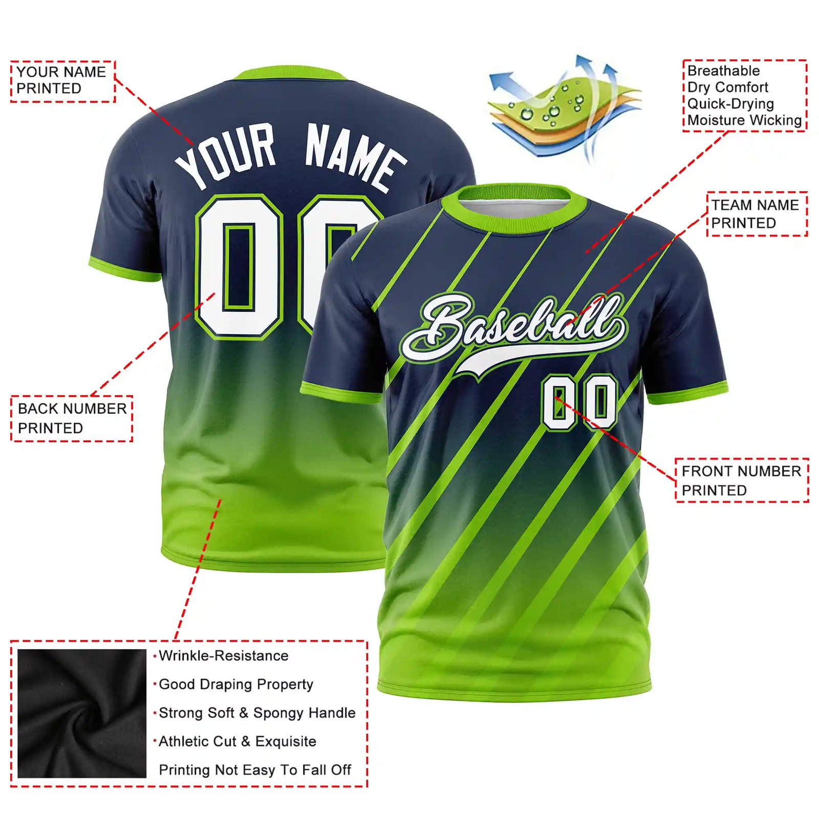 Custom Navy-Neon Green Gradient Fashion Diagonal Stripe Performance T-Shirt