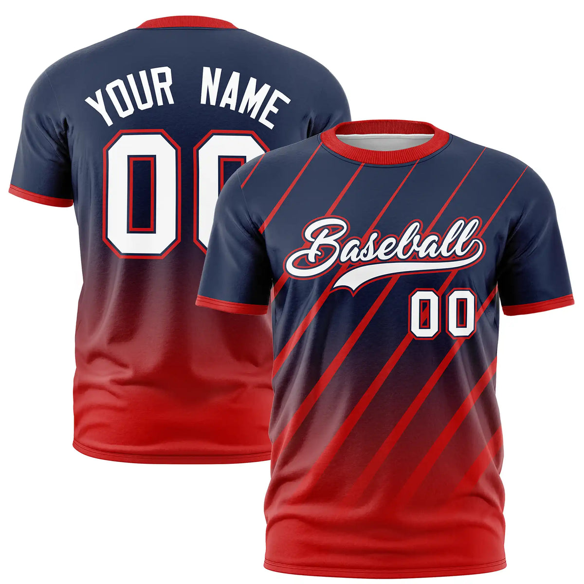 Custom Navy-Red Gradient Fashion Diagonal Stripe Performance T-Shirt