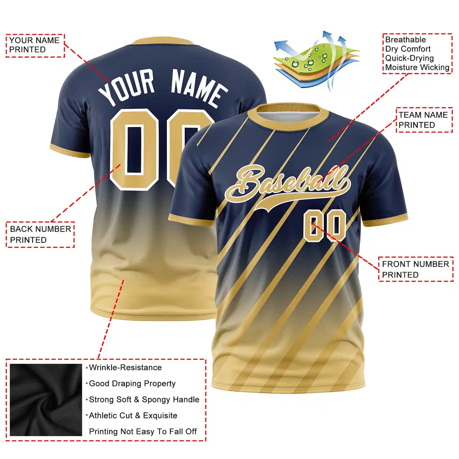 Custom Navy-Old Gold Gradient Fashion Diagonal Stripe Performance T-Shirt