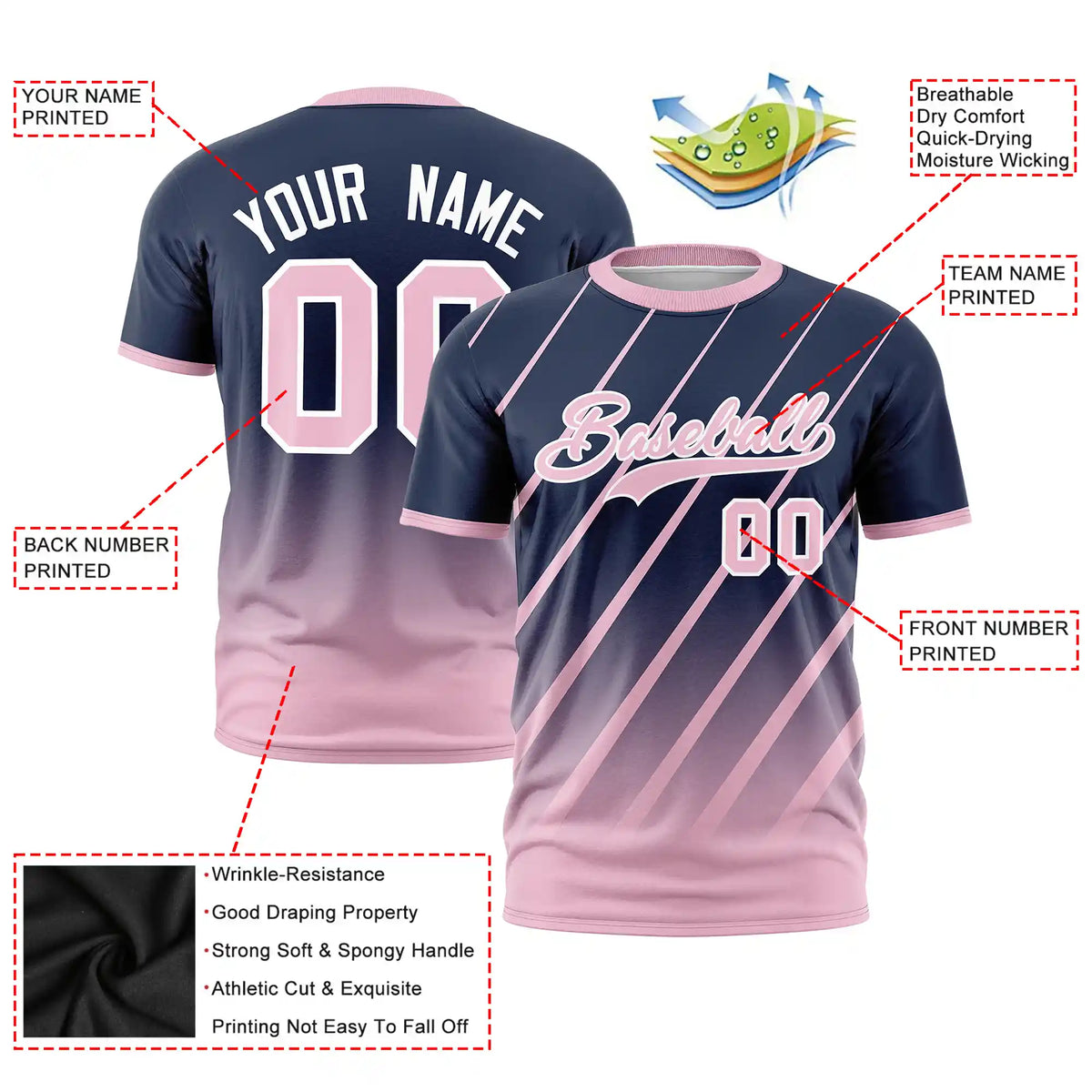 Custom Navy-Light Pink Gradient Fashion Diagonal Stripe Performance T-Shirt