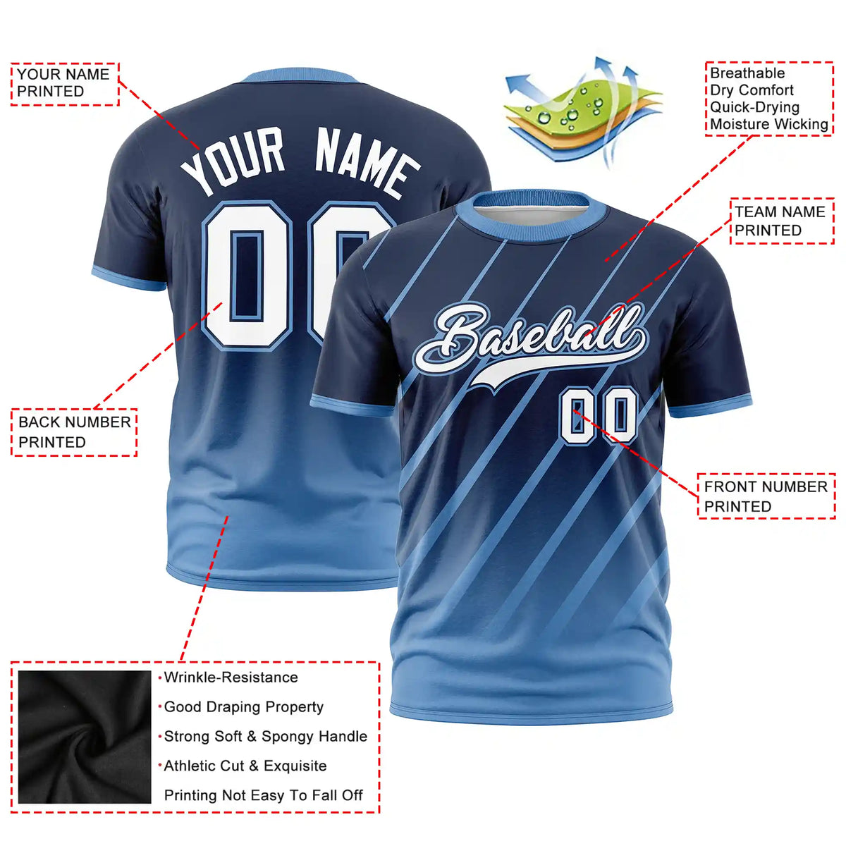 Custom Navy-Light Blue Gradient Fashion Diagonal Stripe Performance T-Shirt