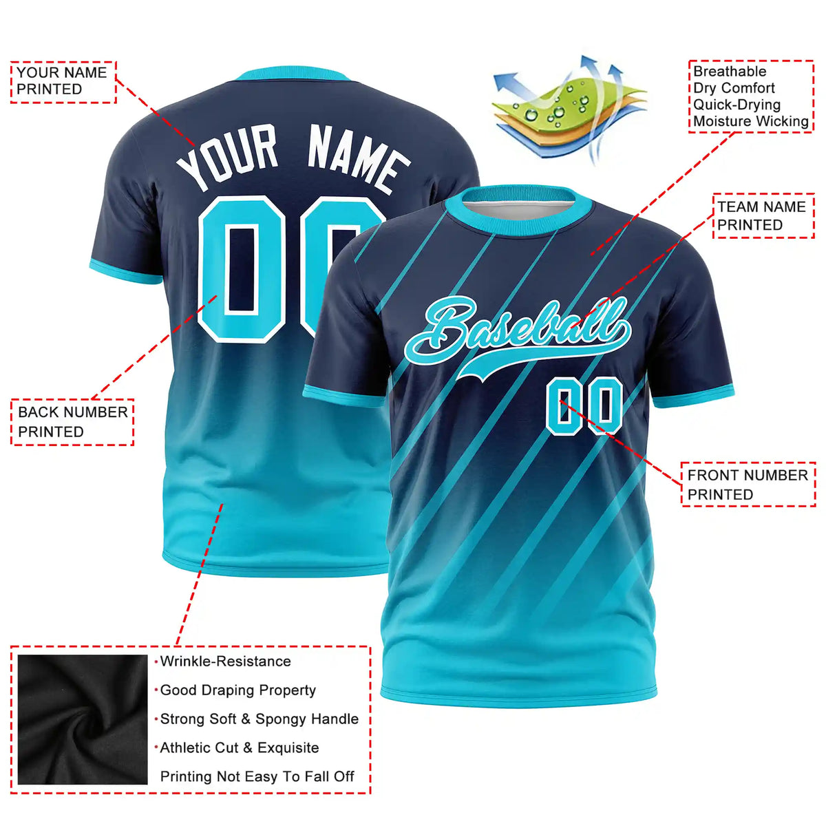 Custom Navy-Sky Blue Gradient Fashion Diagonal Stripe Performance T-Shirt