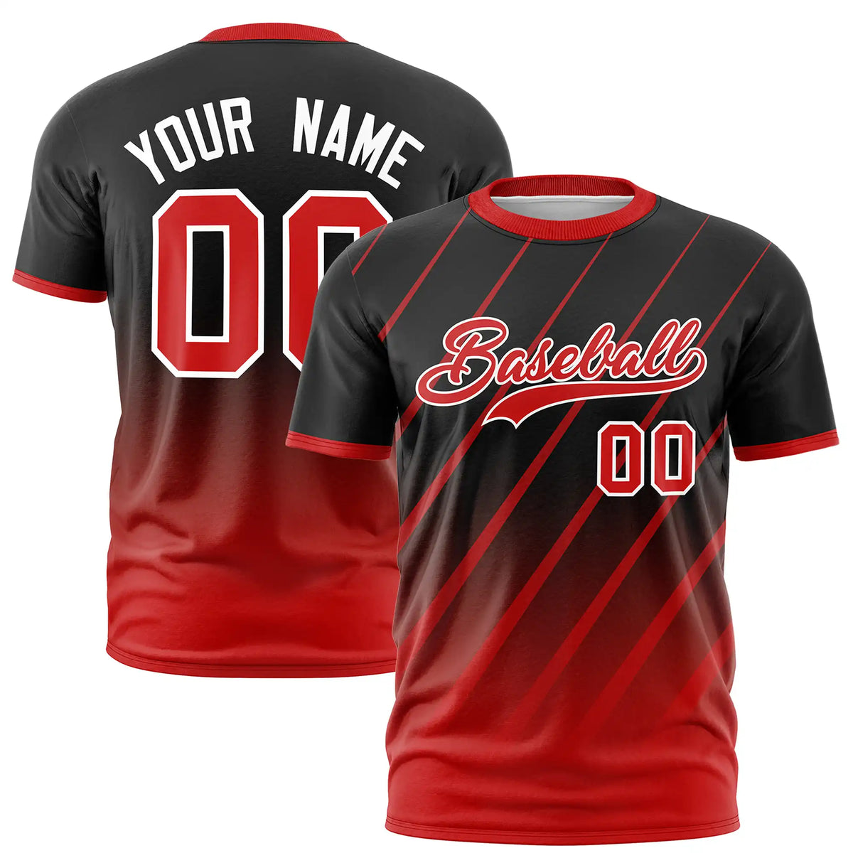 Custom Black-Red Gradient Fashion Diagonal Stripe Performance T-Shirt