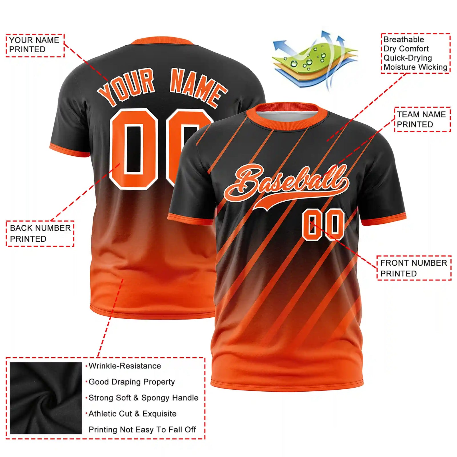 Custom Black-Orange Gradient Fashion Diagonal Stripe Performance T-Shirt