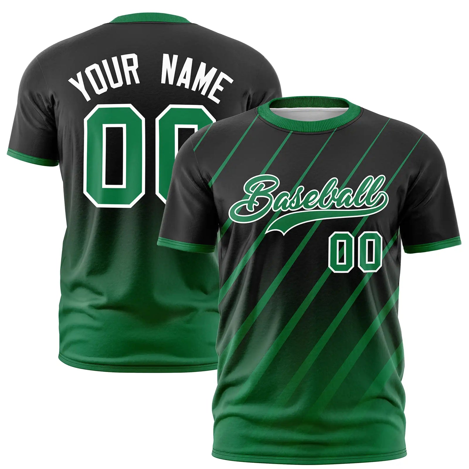 Custom Black-Kelly Green Gradient Fashion Diagonal Stripe Performance T-Shirt