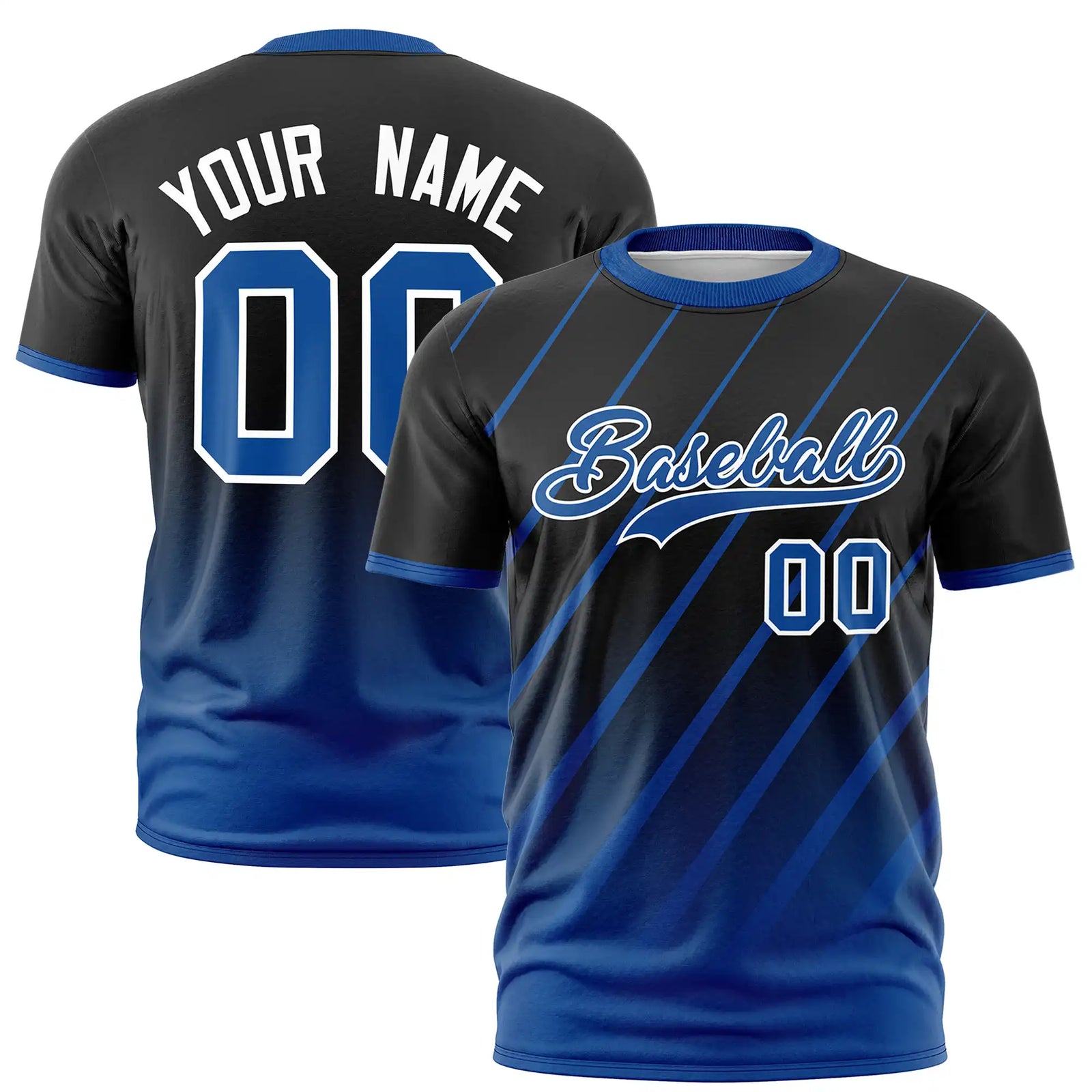 Custom Black-Royal Blue Gradient Fashion Diagonal Stripe Performance T-Shirt