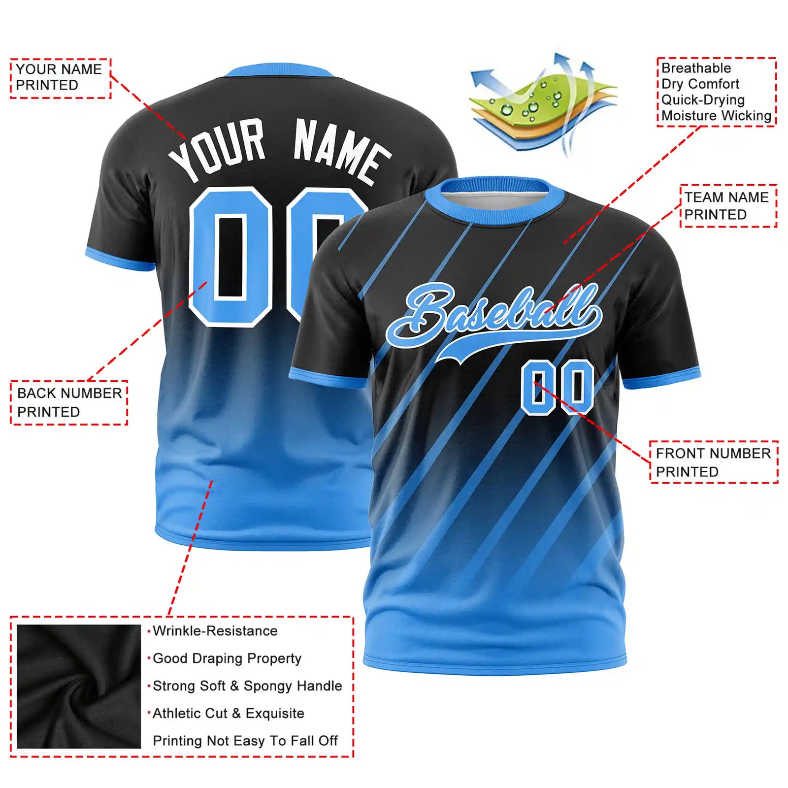 Custom Black-Powder Blue Gradient Fashion Diagonal Stripe Performance T-Shirt