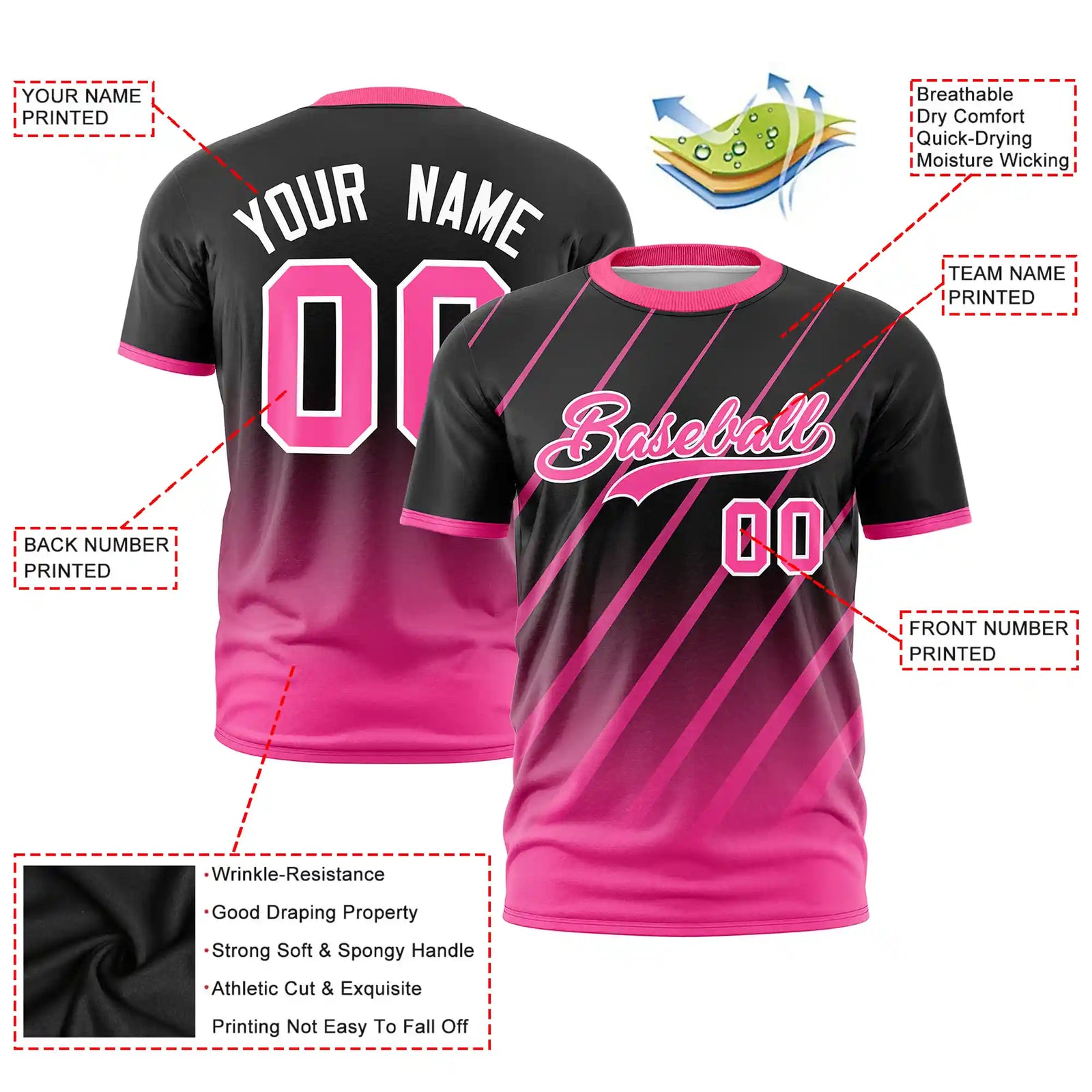 Custom Black-Pink Gradient Fashion Diagonal Stripe Performance T-Shirt